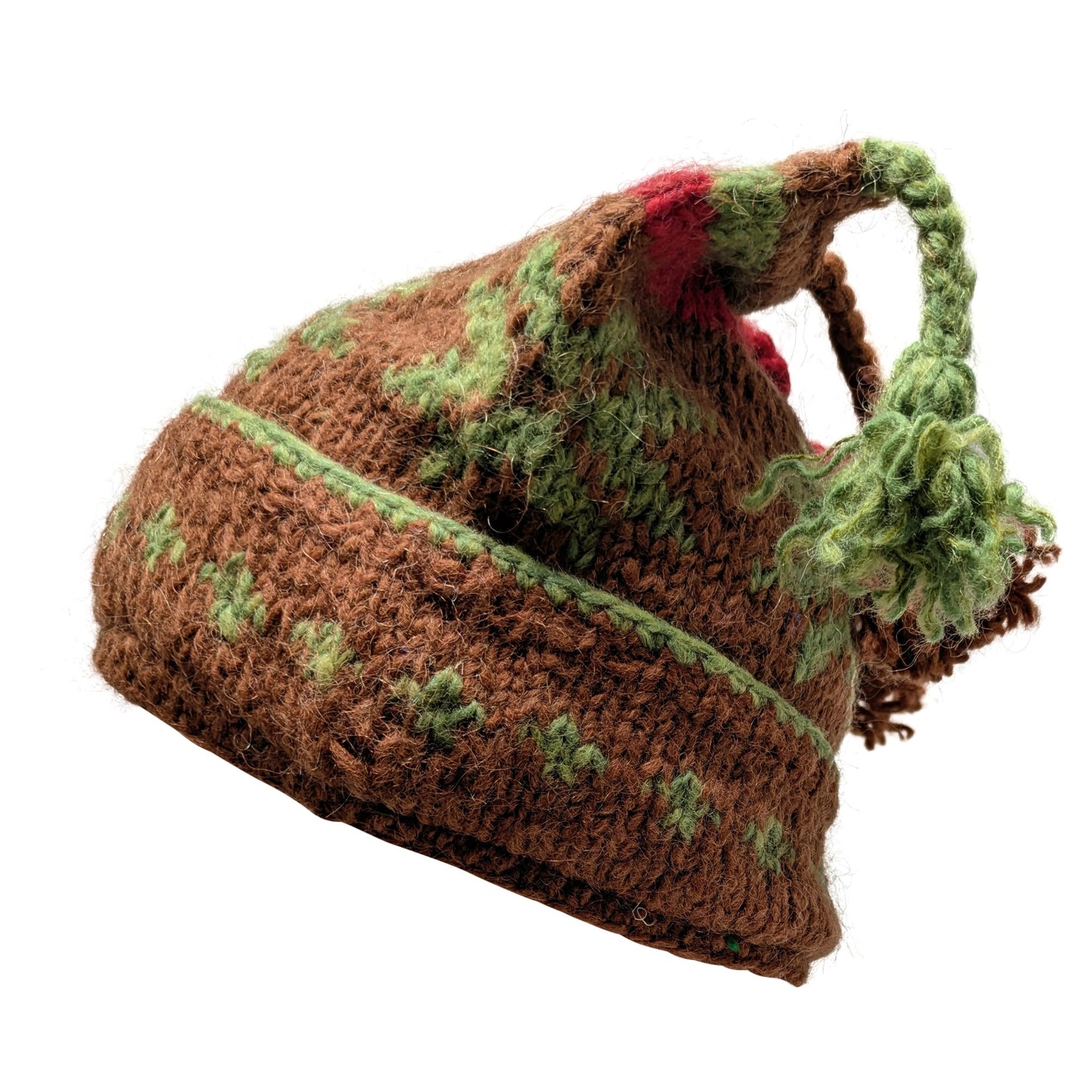Recycled Hand Knit Jester Hat 100% Wool Boho Beanie Multi Tassel Warm Fleece Lined Winter Cap P90