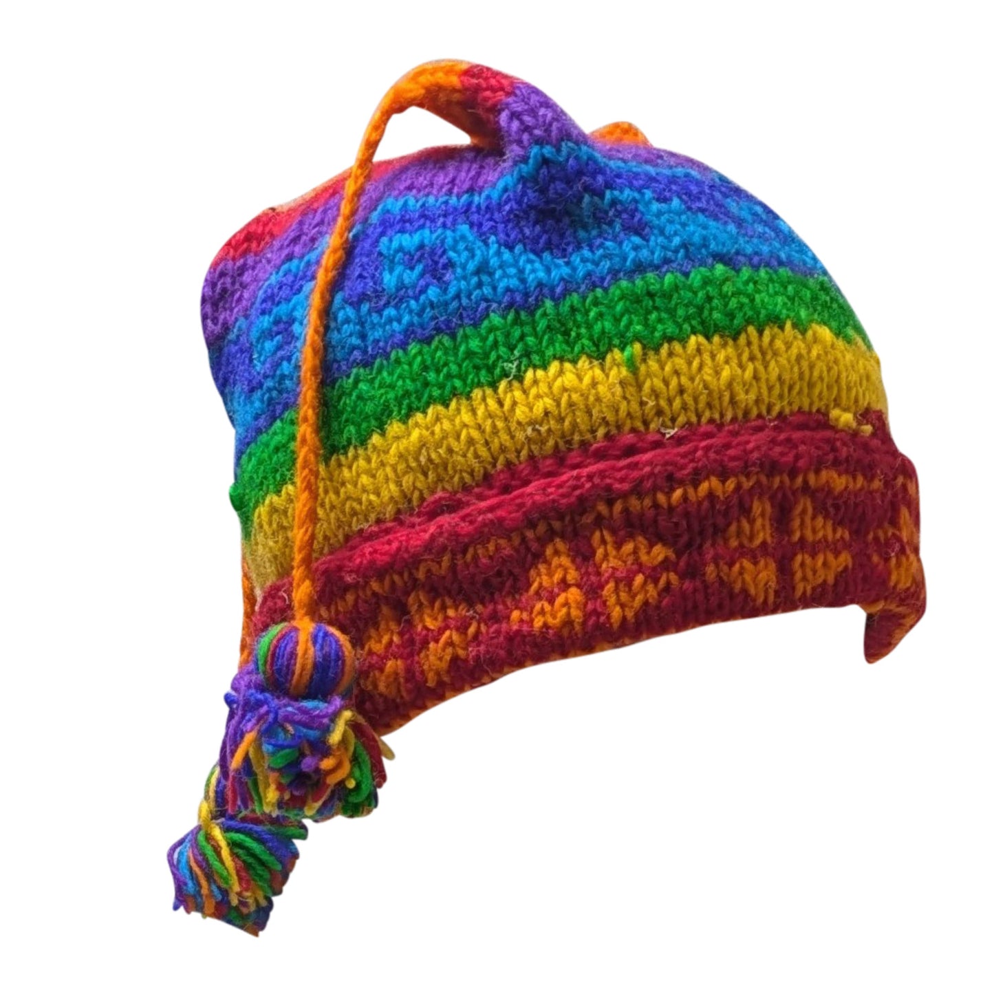 Handmade Wool Knit Beanie: Fleece Lined Winter Tassel Hat - MULTI