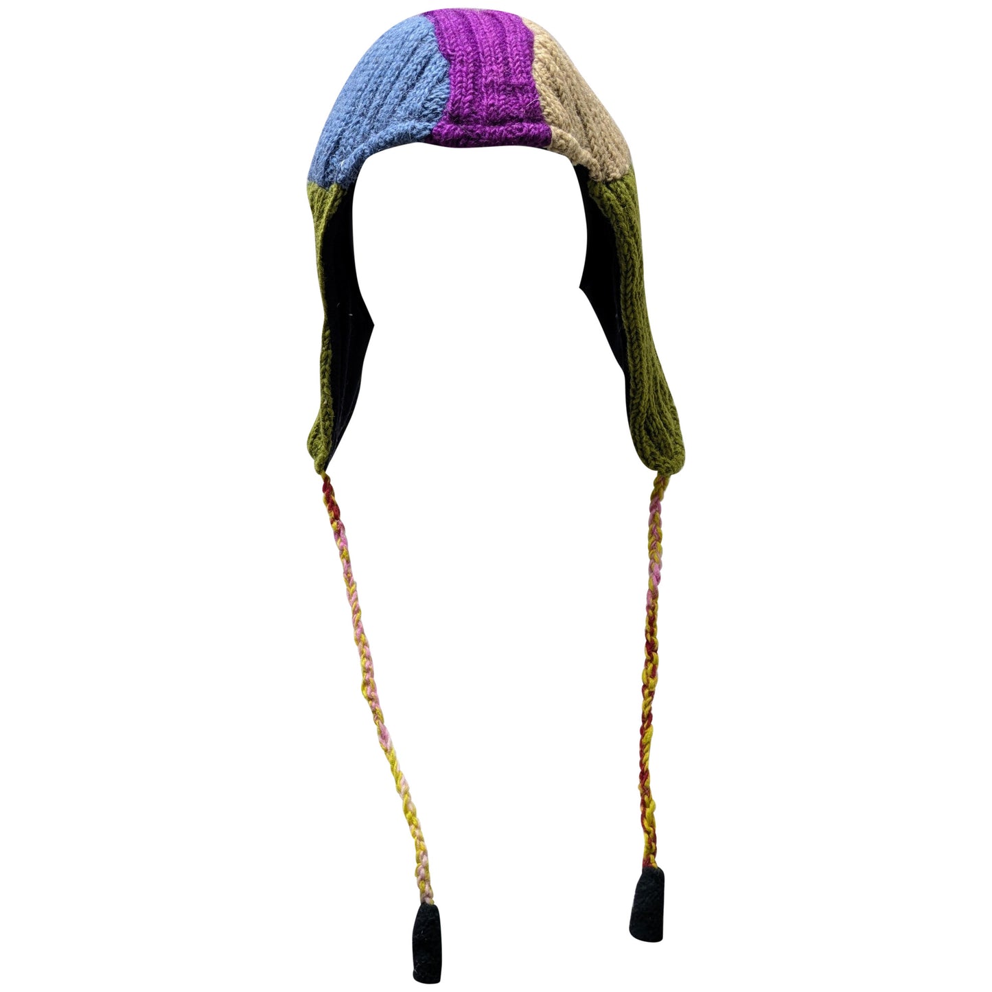 Handmade Wool Knit Gaucho Hat: Funky Multi Colour Tassel, Fleece Lined - P34