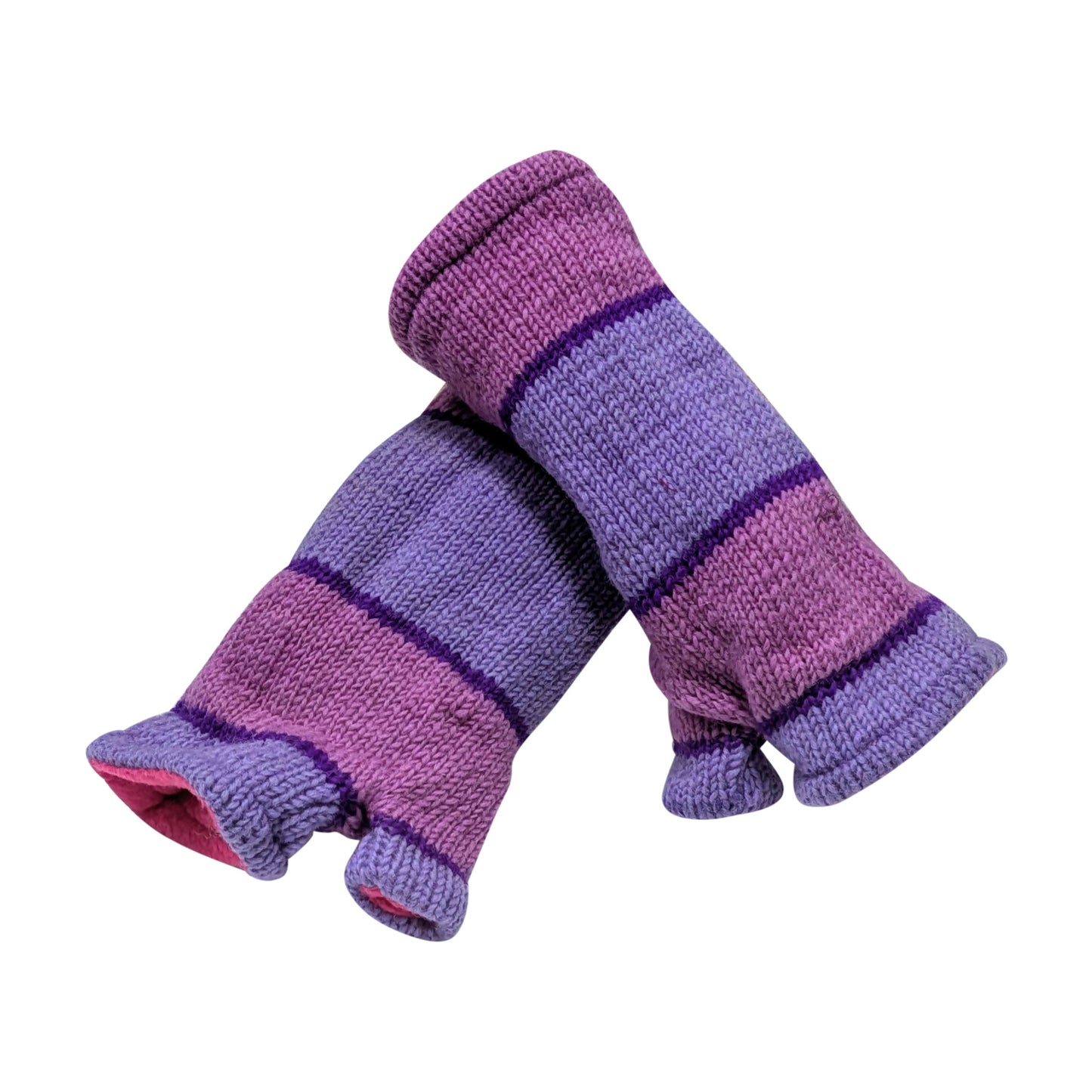 Handmade Knit Handwarmers 100% Wool Winter Striped Fingerless Fleece Lined Gloves Hand Warmer One Size P62