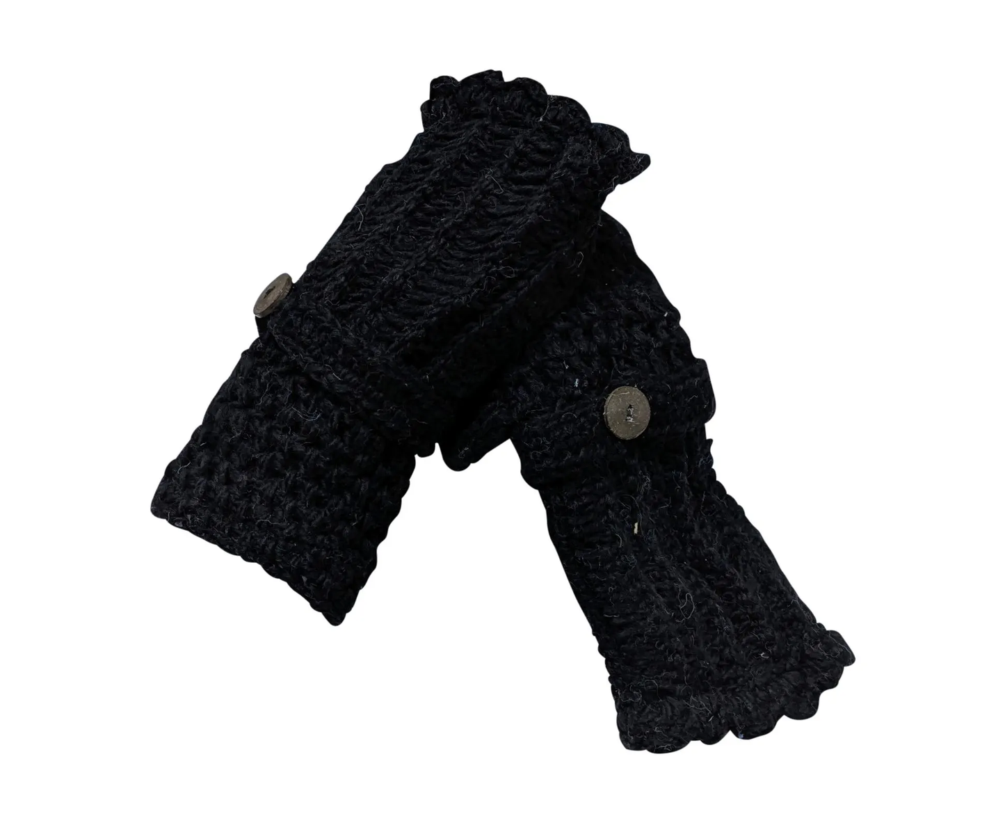Handmade Crochet Fleece Lined Handwarmers 100% Wool | Winter Fingerless Gloves One Size - BLACK
