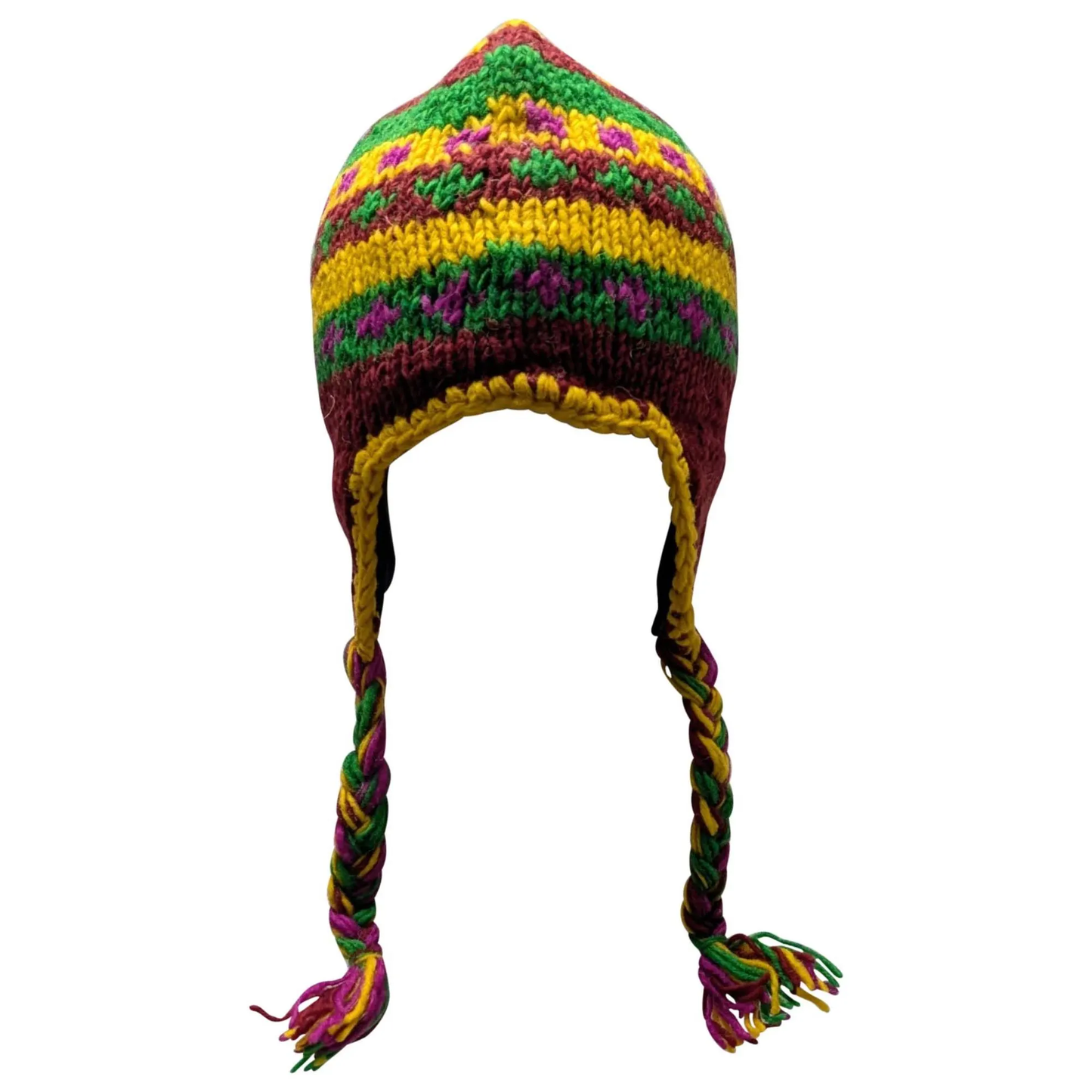 Hand Knit Wool Winter Hat: Fleece Lined, Boho Tassel - P139