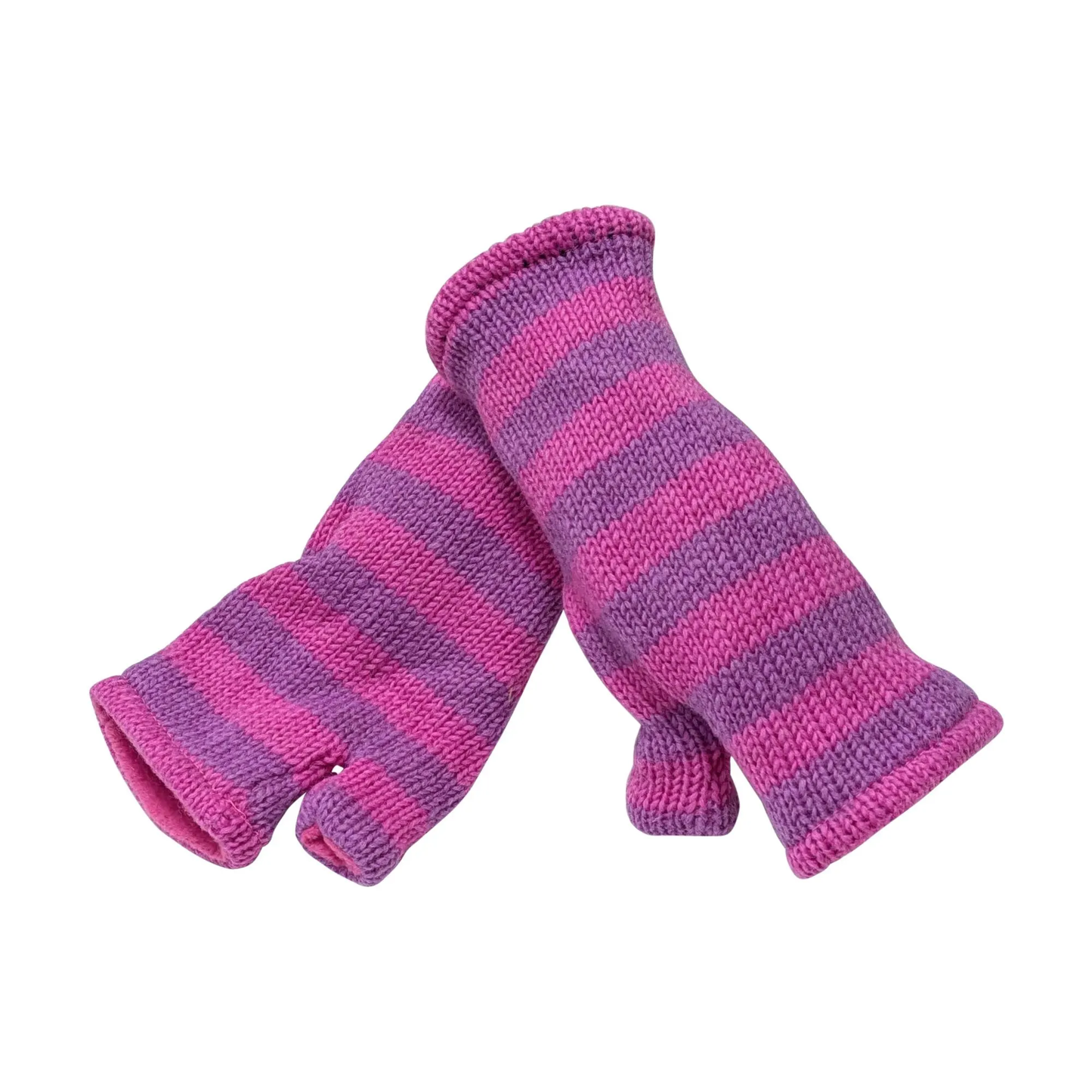 Handmade Knit Handwarmers 100% Wool Winter Striped Fingerless Fleece Lined Gloves One Size P31