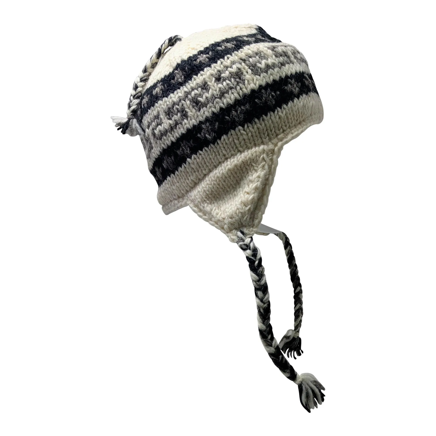 Hand Knit Wool Winter Hat: Fleece Lined, Boho Tassel - P166