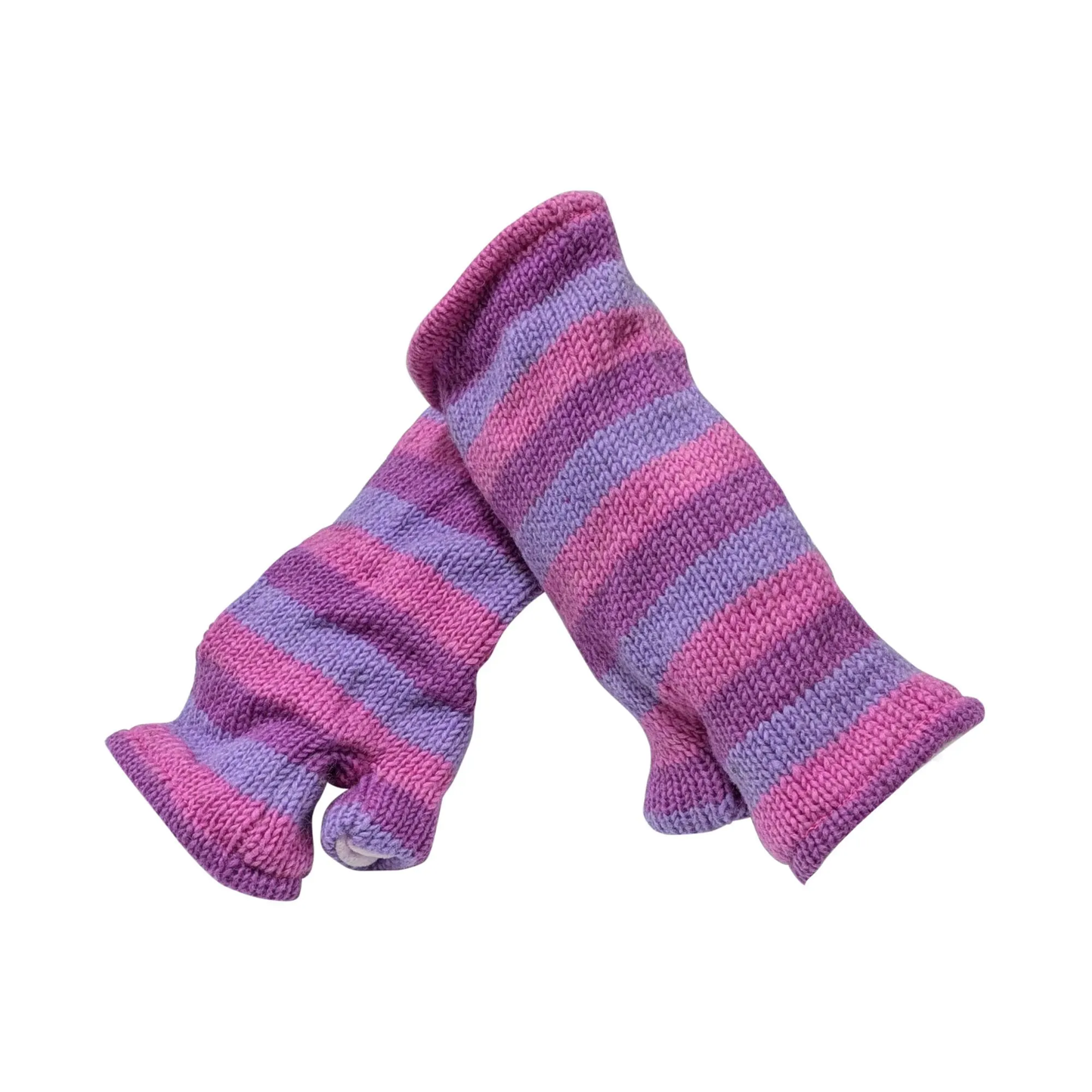 Handmade Knit Handwarmers 100% Wool Winter Striped Fingerless Fleece Lined Gloves One Size P41