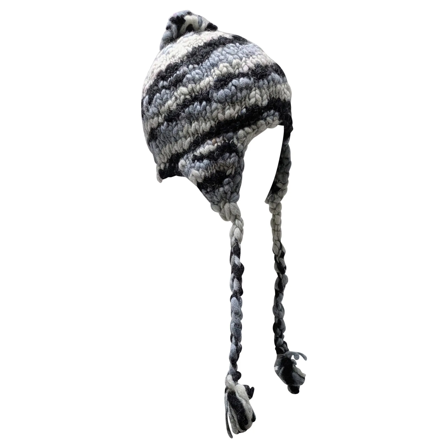 Hand Knit Wool Bobble Hat: Fleece Lined Striped Winter Cap - P1