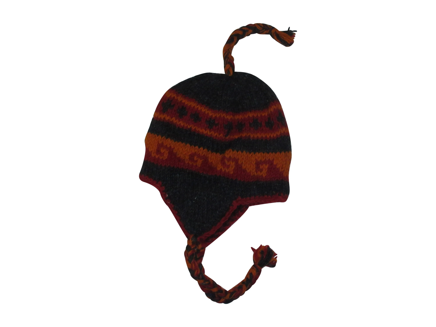 Hand Knit Wool Winter Hat: Fleece Lined, Boho Tassel - BLACK/RED