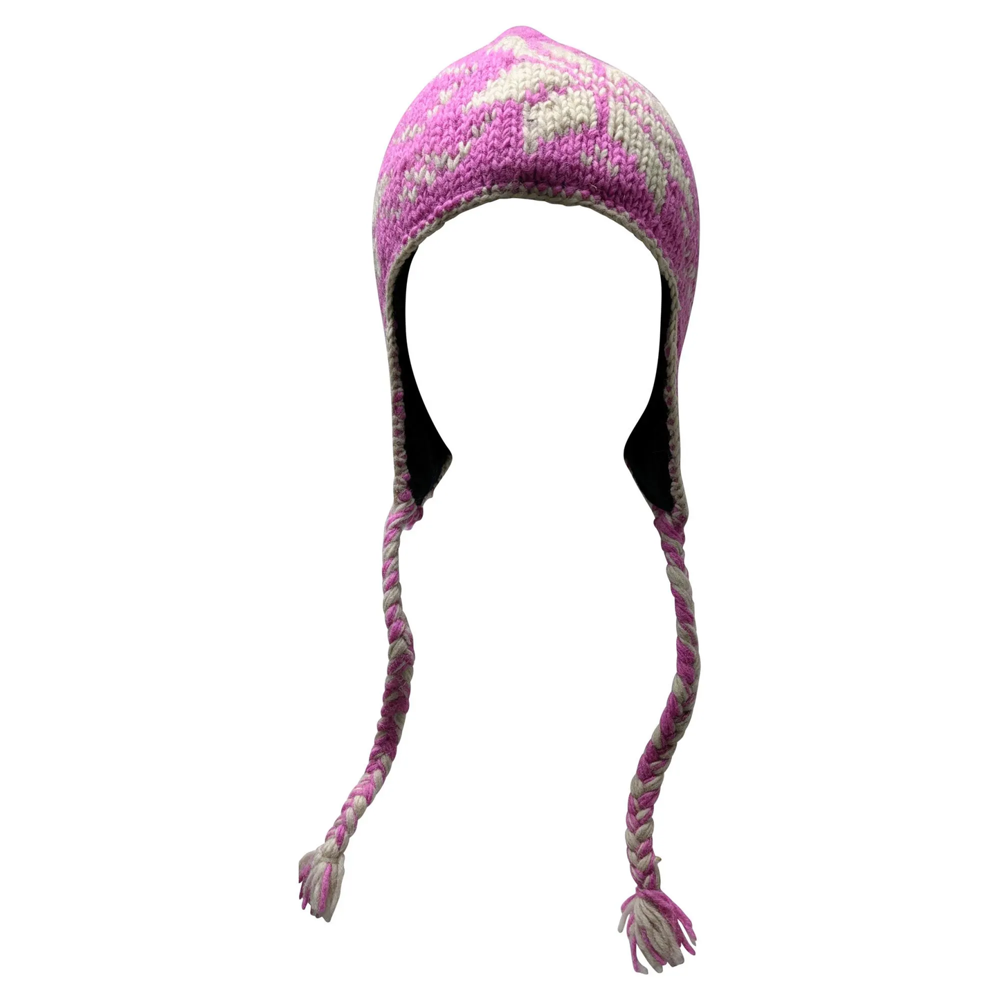 Hand Knit Wool Winter Hat: Fleece Lined, Boho Tassel - P46