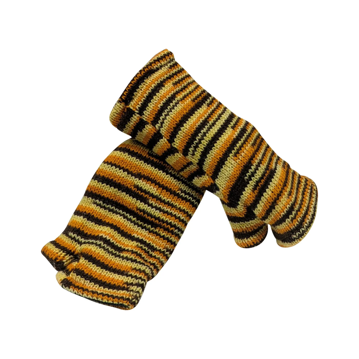 Handmade Knit Handwarmers 100% Wool Winter Striped Fingerless Fleece Lined Gloves One Size P25