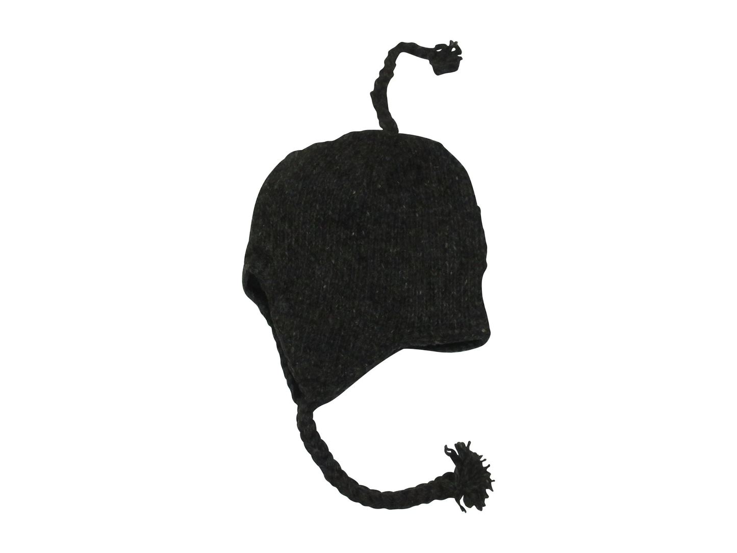 Hand Knit Wool Winter Hat: Fleece Lined, Boho Tassel - BLACK
