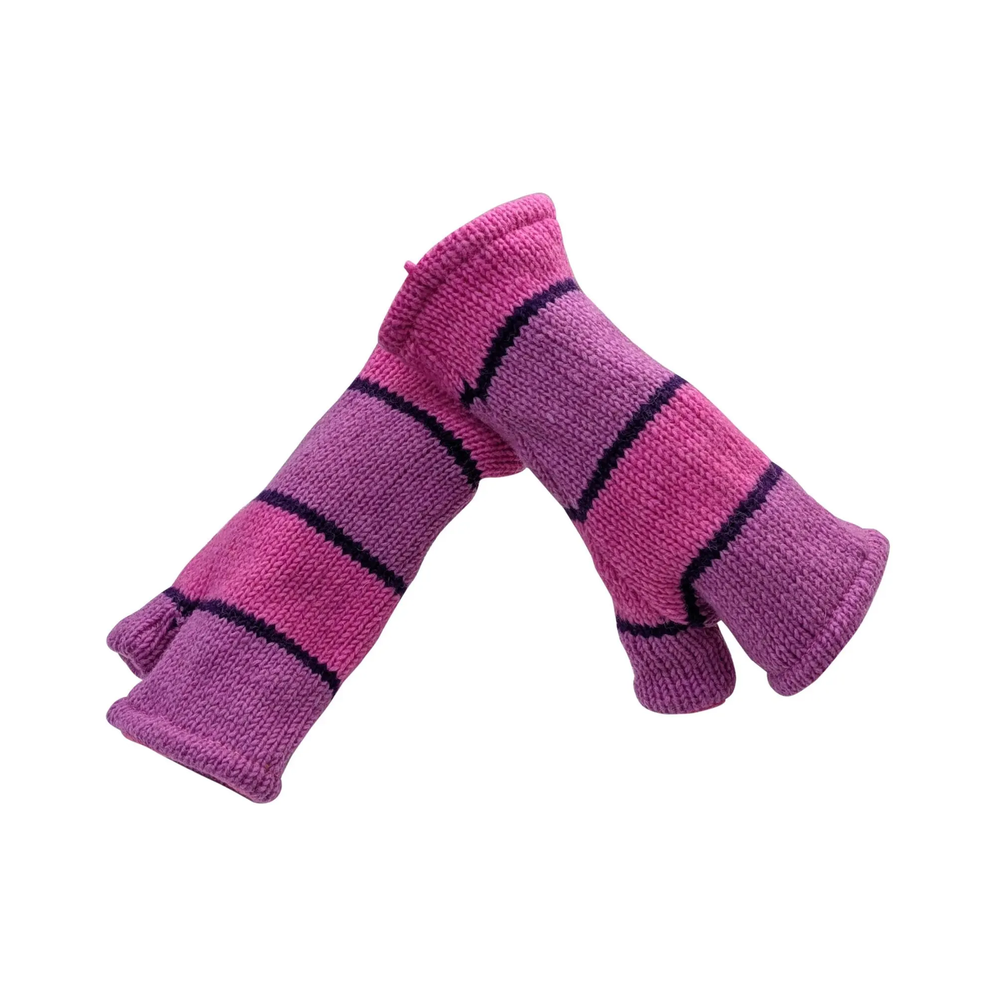 Handmade Knit Handwarmers 100% Wool Winter Striped Fingerless Fleece Lined Gloves One Size P74