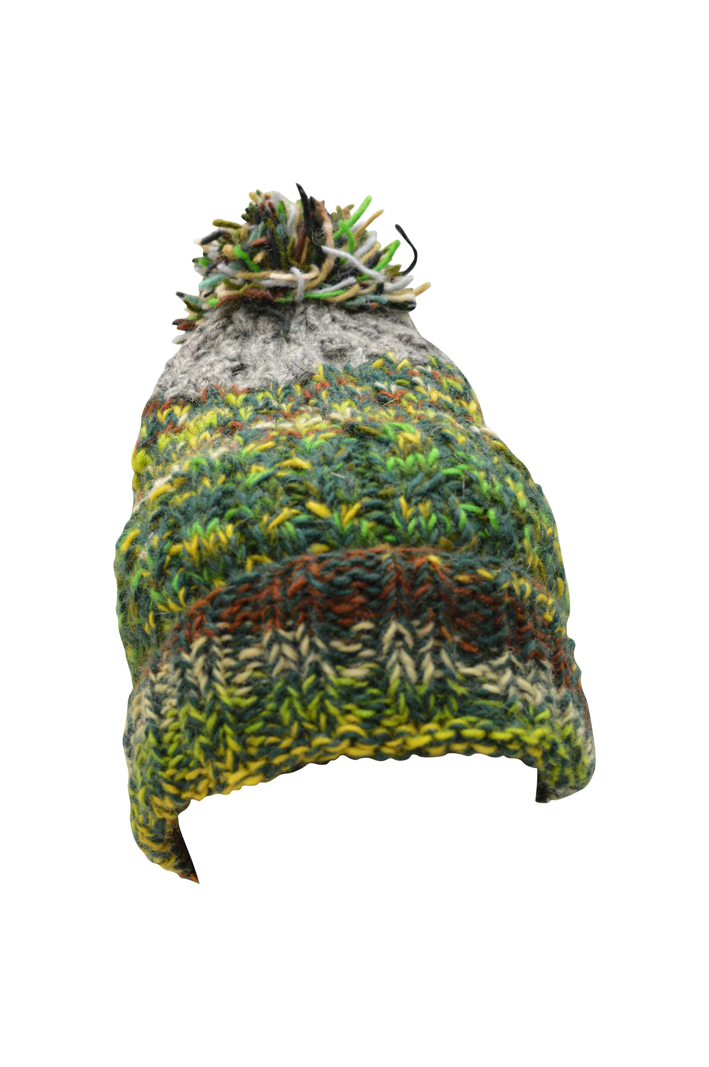 Handmade knit 100% Wool Beanie Pompom Hat Warm Winter Fleece lined Skull Cap - Green