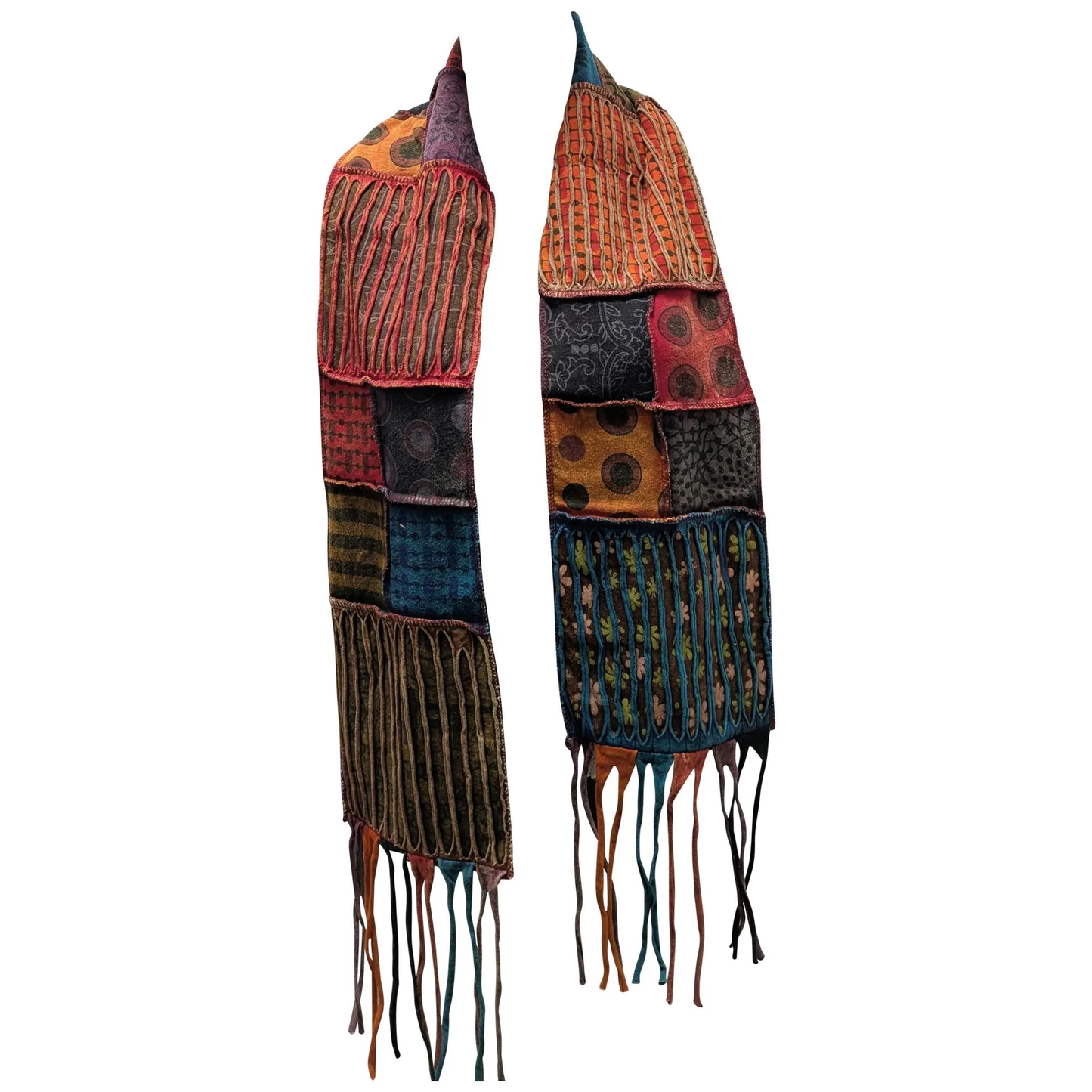 Recycled Patchwork Bohemian Tassel Fleece Lined Block Print Winter Scarf P2
