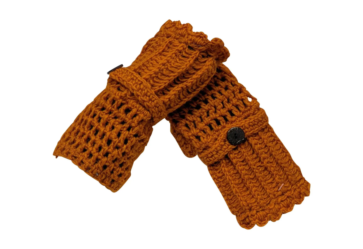 Handmade Crochet Fleece Lined Handwarmers 100% Wool | Winter Fingerless Gloves One Size - ORANGE