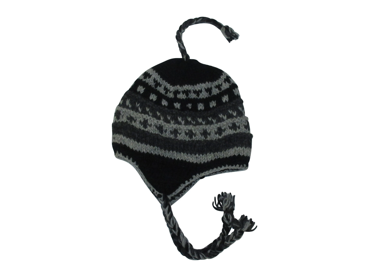 Hand Knit Wool Winter Hat: Fleece Lined, Boho Tassel - GREY/BLACK