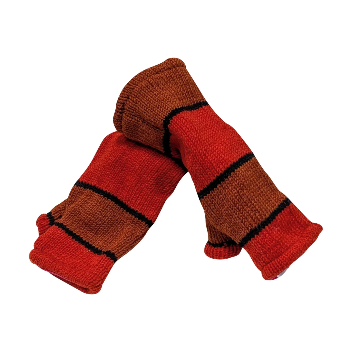 Handmade Knit Handwarmers 100% Wool Winter Striped Fingerless Fleece Lined Gloves One Size P8