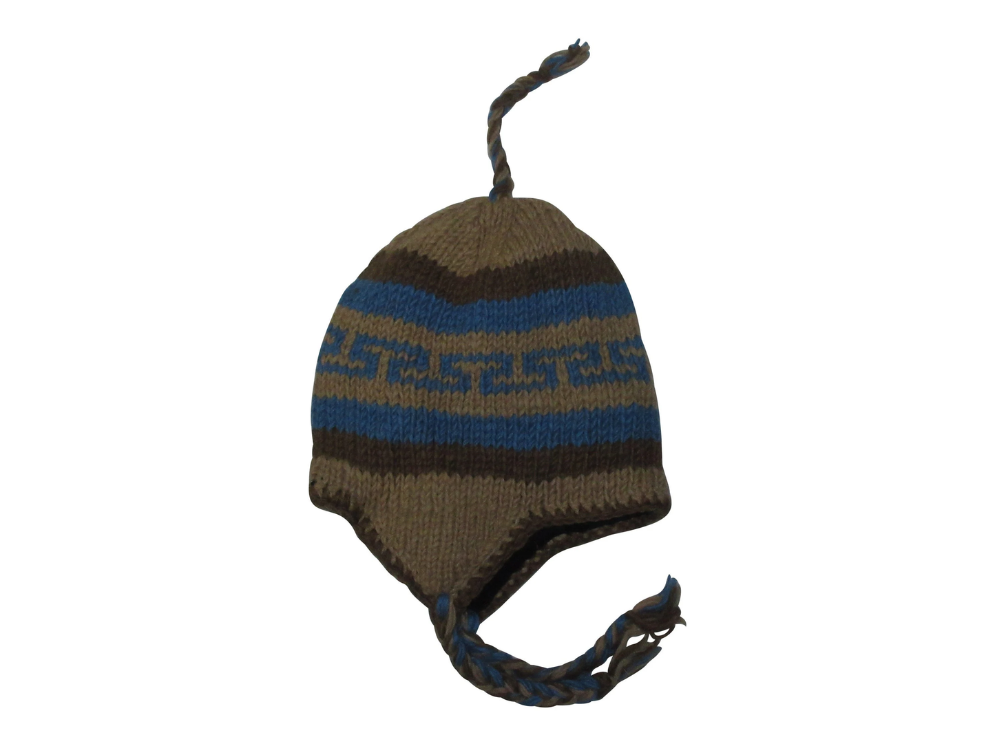Hand Knit Wool Winter Hat: Fleece Lined, Boho Tassel - BLUE/BROWN