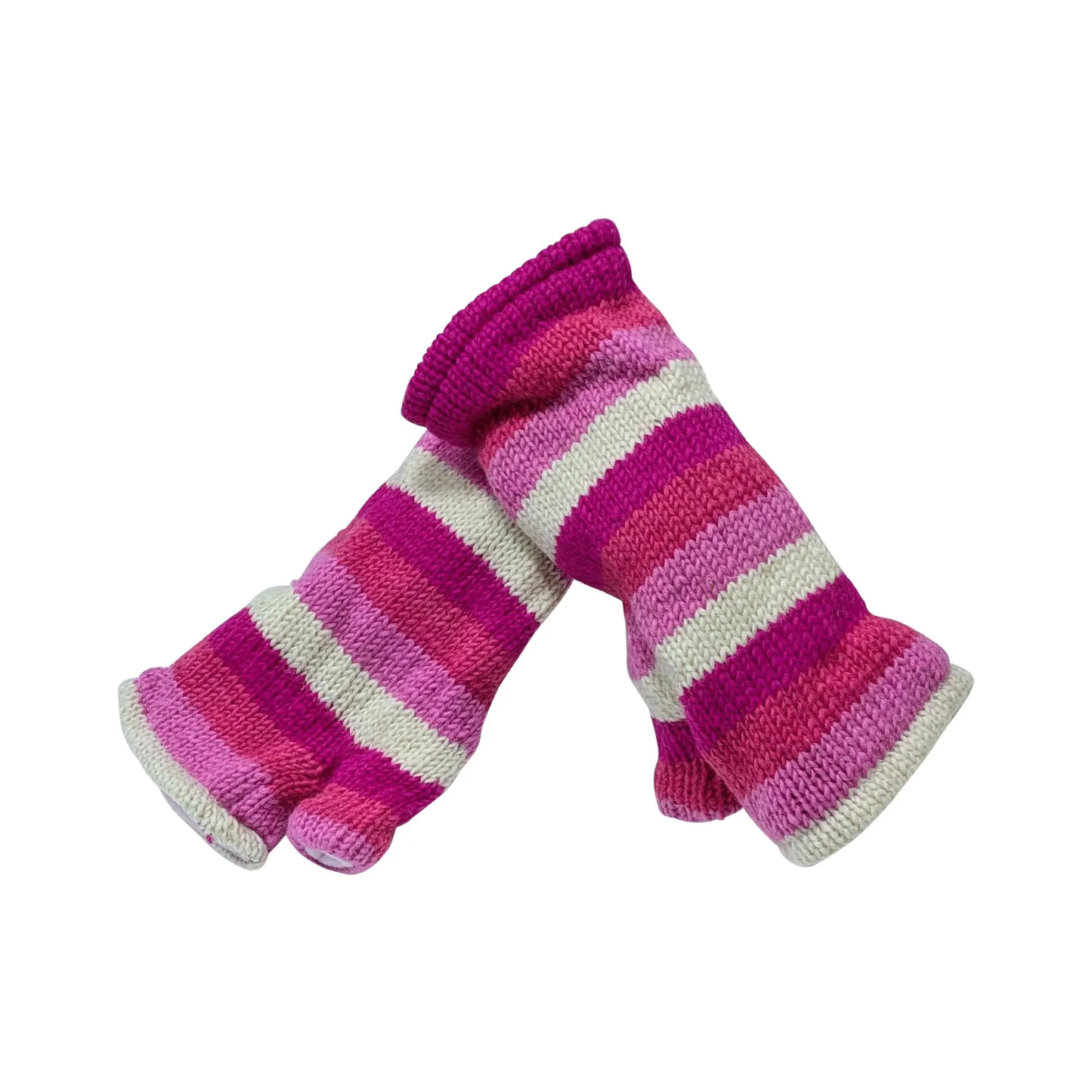 Handmade Knit Handwarmers 100% Wool Winter Striped Fingerless Fleece Lined Gloves One Size P38a