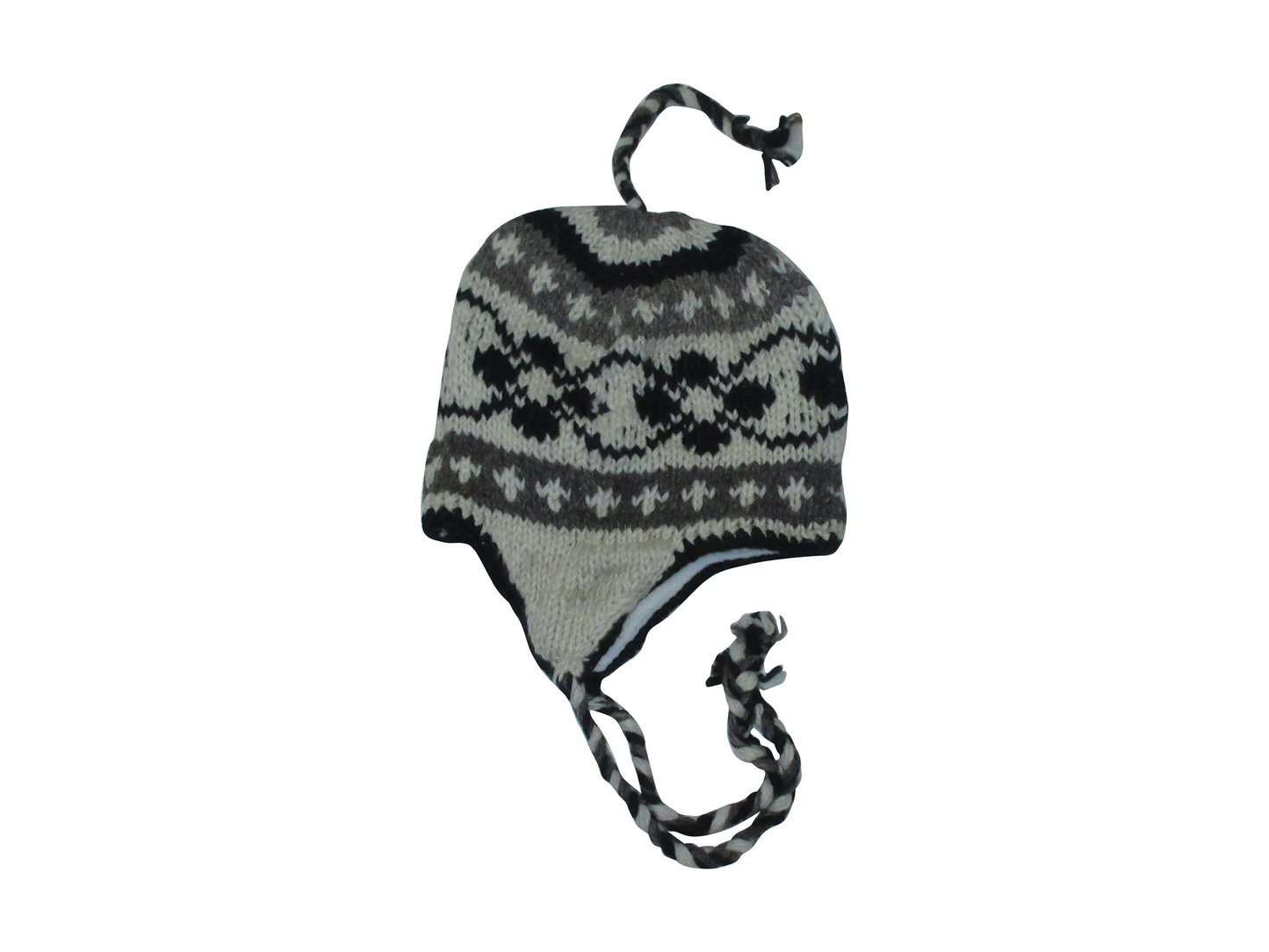 Hand Knit Wool Winter Hat: Fleece Lined, Boho Tassel - BLACK/WHITE
