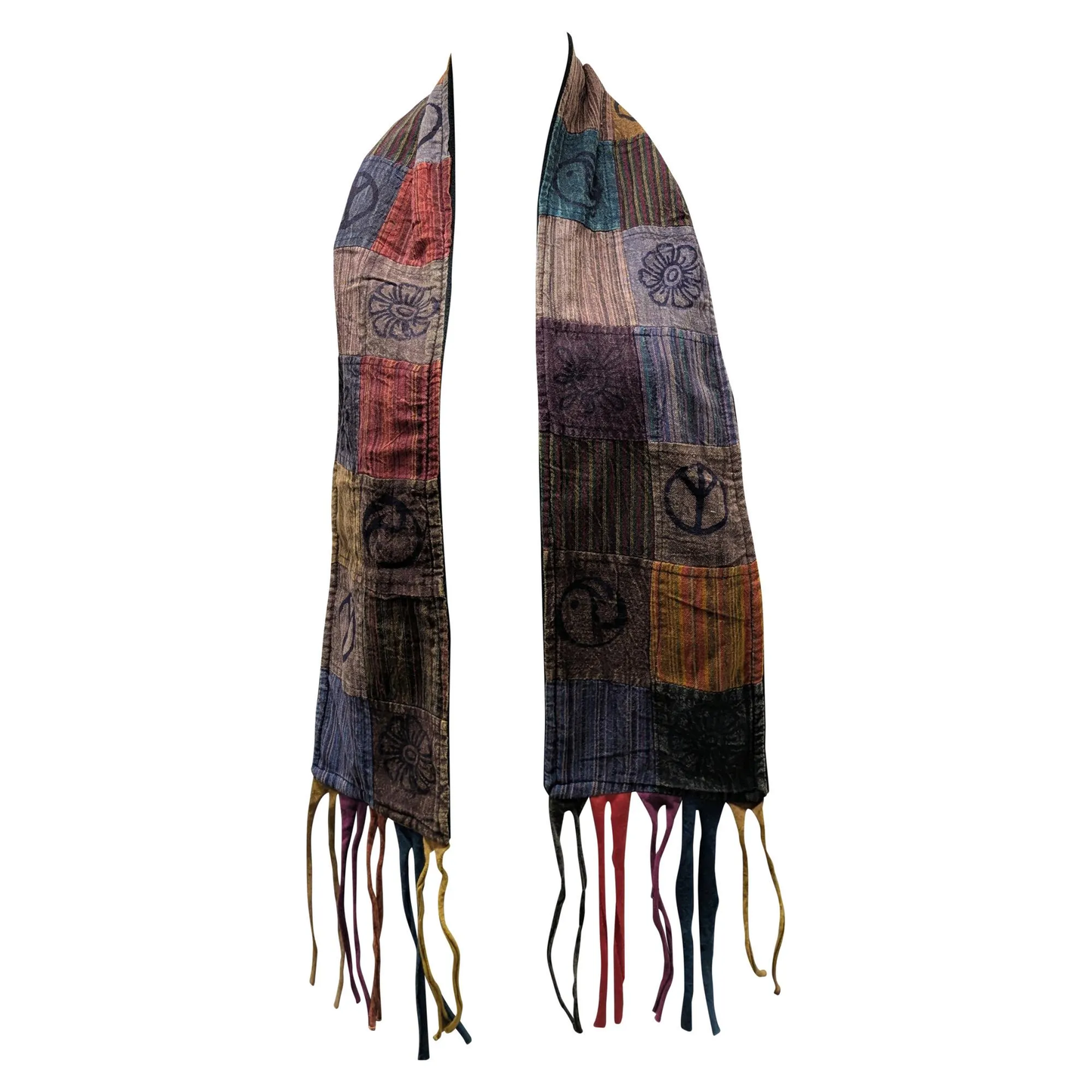 Recycled Patchwork Bohemian Tassel Fleece Lined Block Print Winter Scarf P18