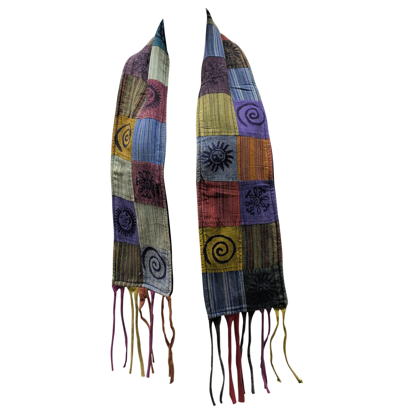 Recycled Patchwork Bohemian Tassel Fleece Lined Block Print Winter Scarf P12