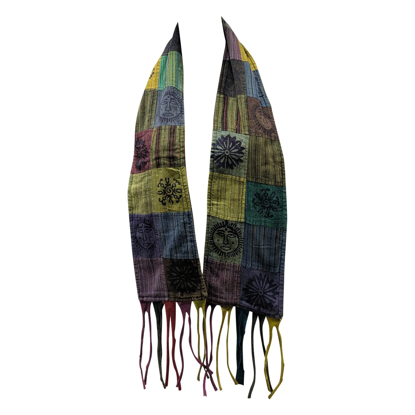 Recycled Patchwork Bohemian Tassel Fleece Lined Block Print Winter Scarf P24