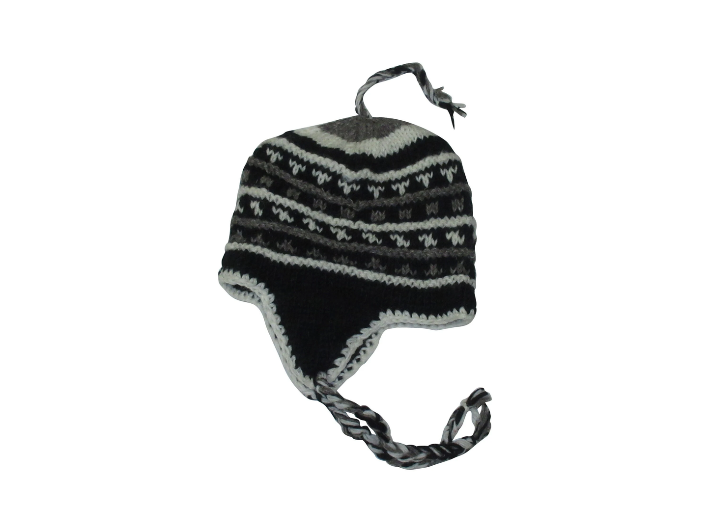 Hand Knit Wool Winter Hat: Fleece Lined, Boho Tassel - BLACK/GREY/WHITE