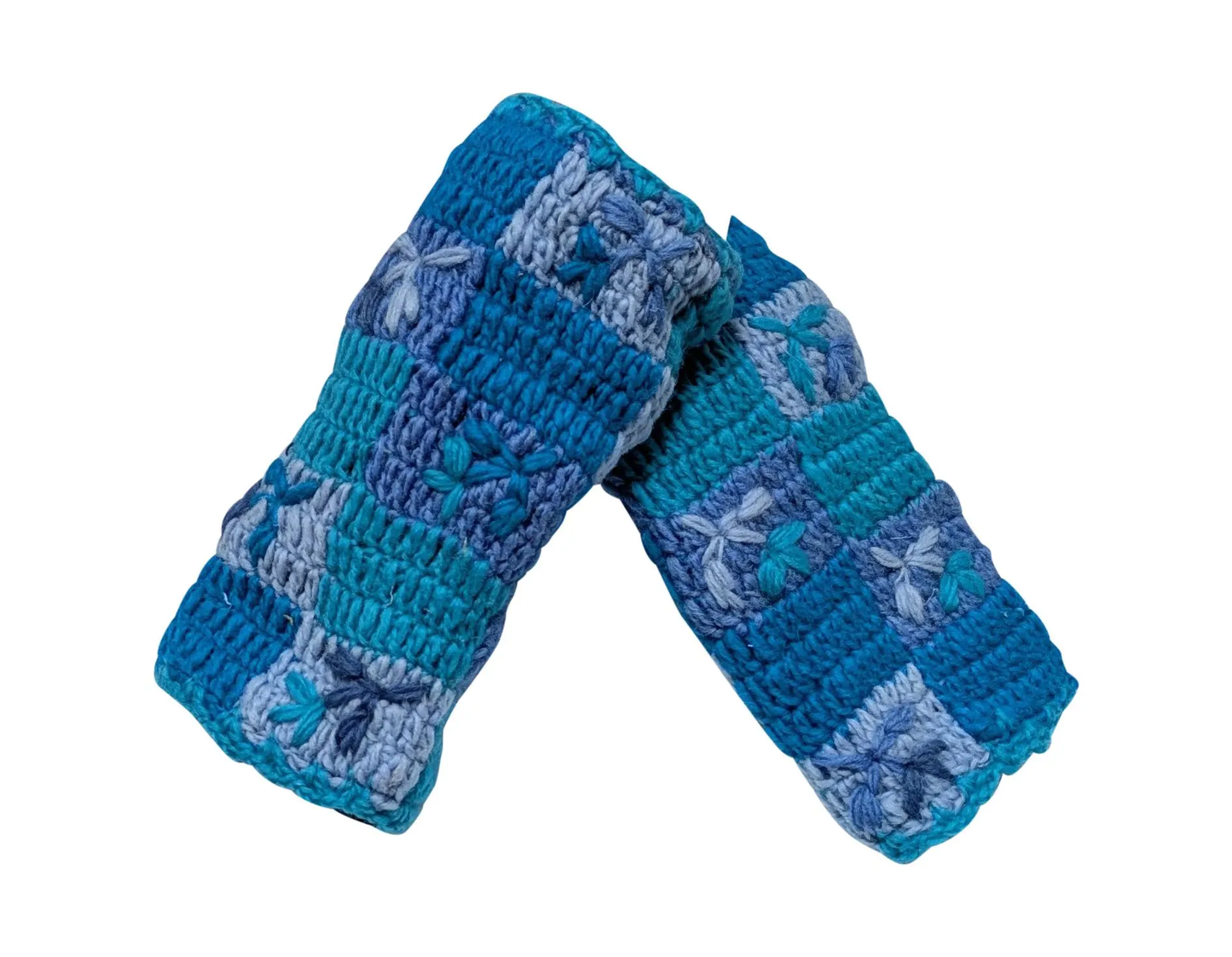 Handmade Crochet Patchwork Embroidery Handwarmers 100% Wool | Fleece Lined Fingerless Gloves One Size P5