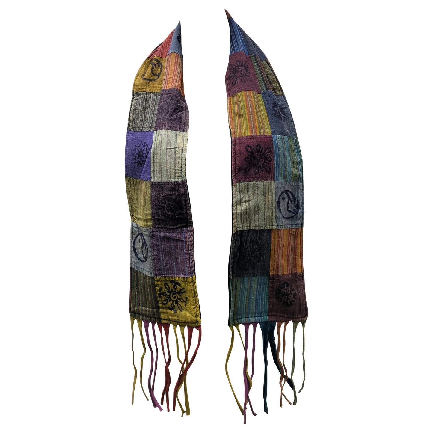Recycled Patchwork Bohemian Tassel Fleece Lined Block Print Winter Scarf P14