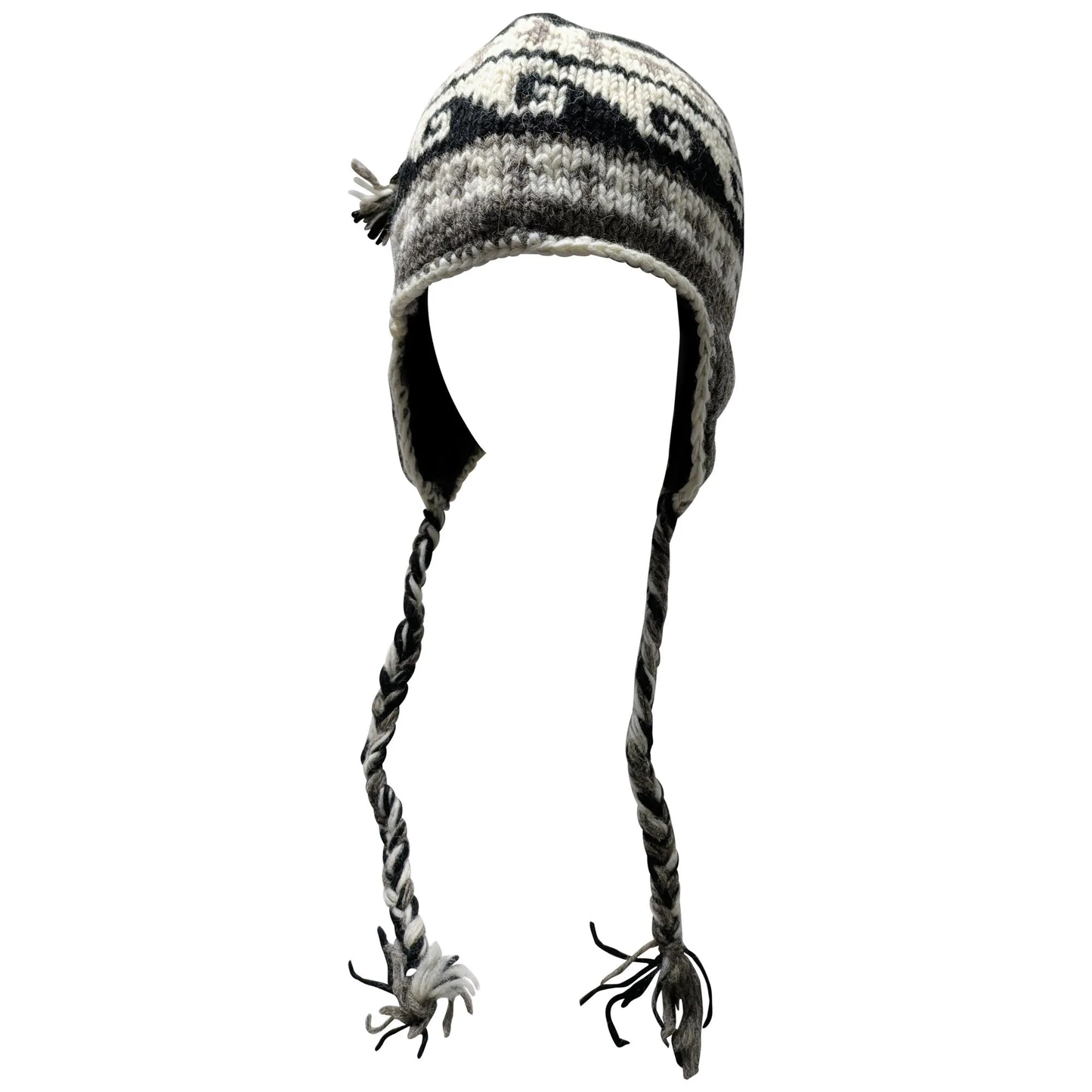 Hand Knit Wool Winter Hat: Fleece Lined, Boho Tassel - P177