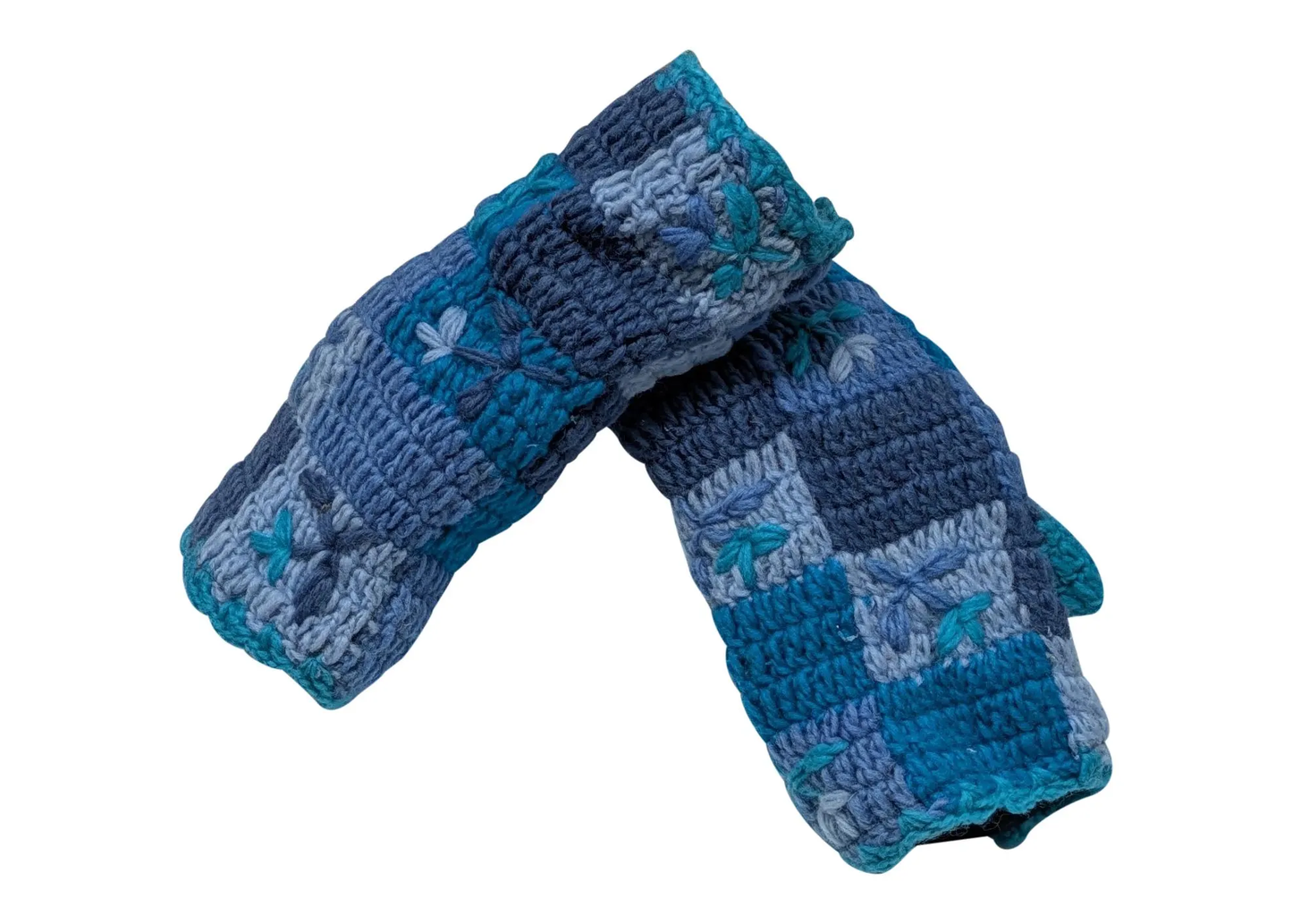 Handmade Crochet Patchwork Embroidery Handwarmers 100% Wool | Fleece Lined Fingerless Gloves One Size P1
