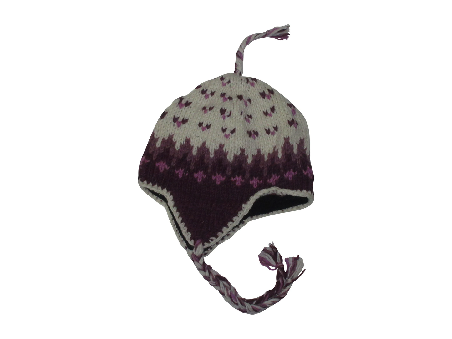 Hand Knit Wool Winter Hat: Fleece Lined, Boho Tassel - CREAM/PURPLE