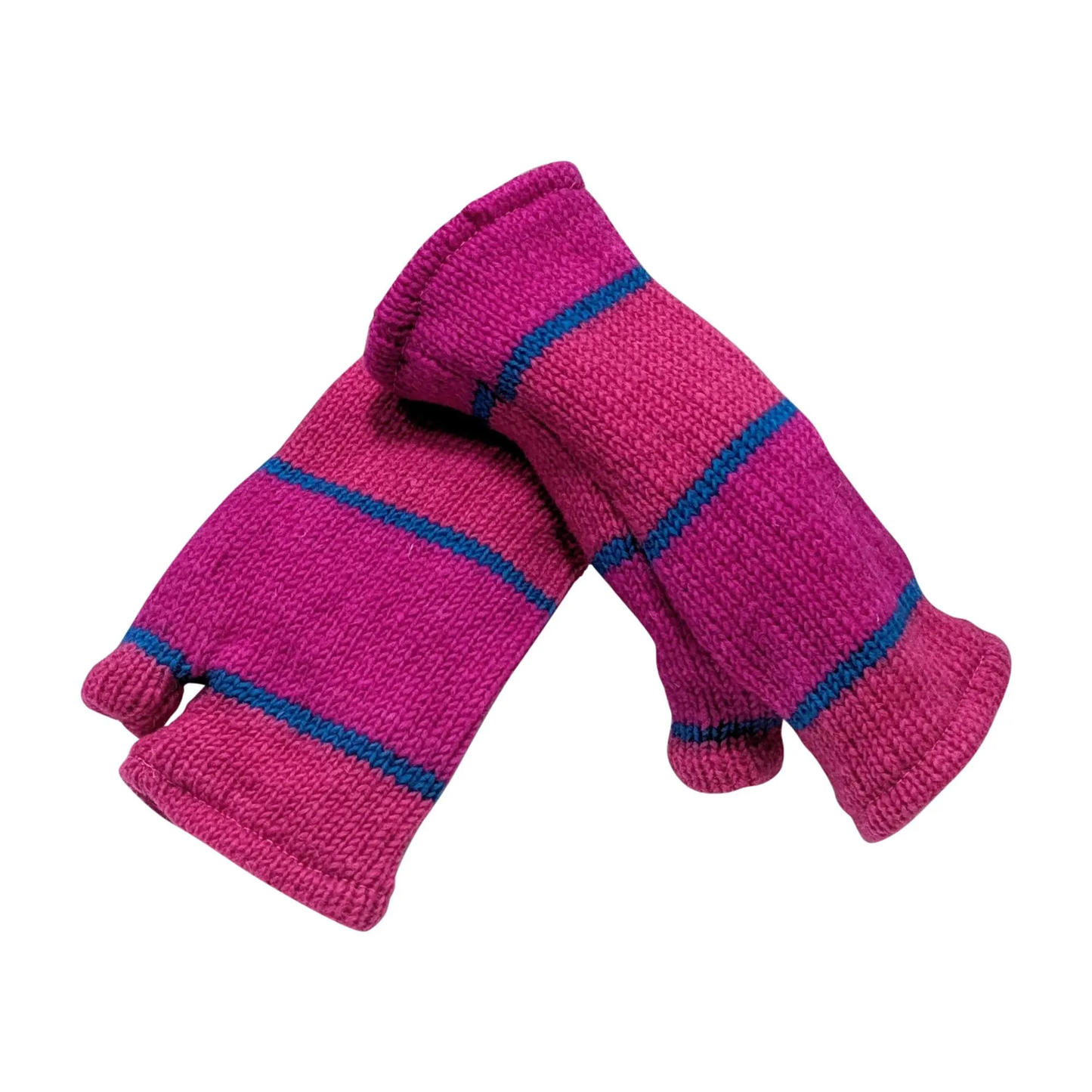 Handmade Knit Handwarmers 100% Wool Winter Striped Fingerless Fleece Lined Gloves One Size P57