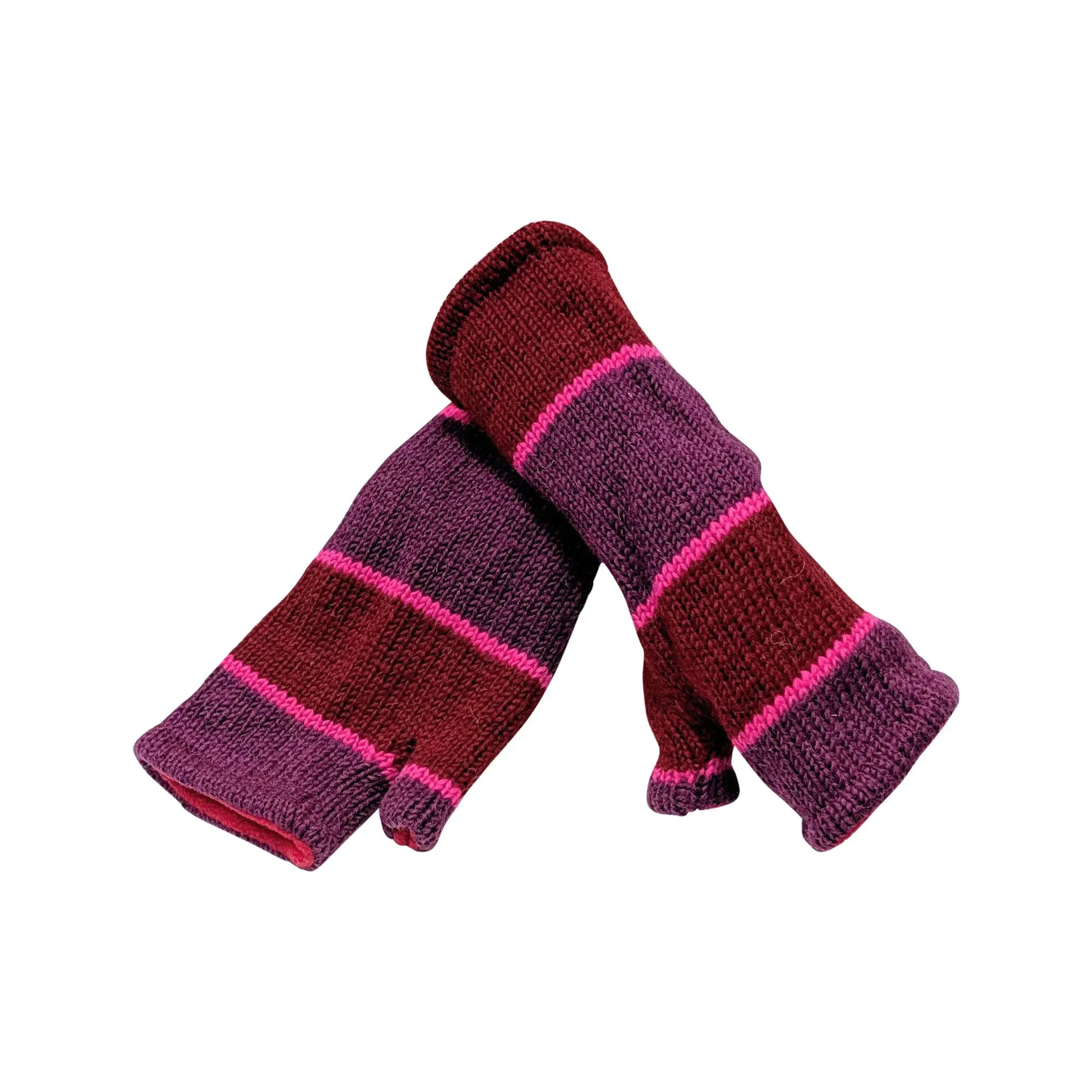 Handmade Knit Handwarmers 100% Wool Winter Striped Fingerless Fleece Lined Gloves One Size P21