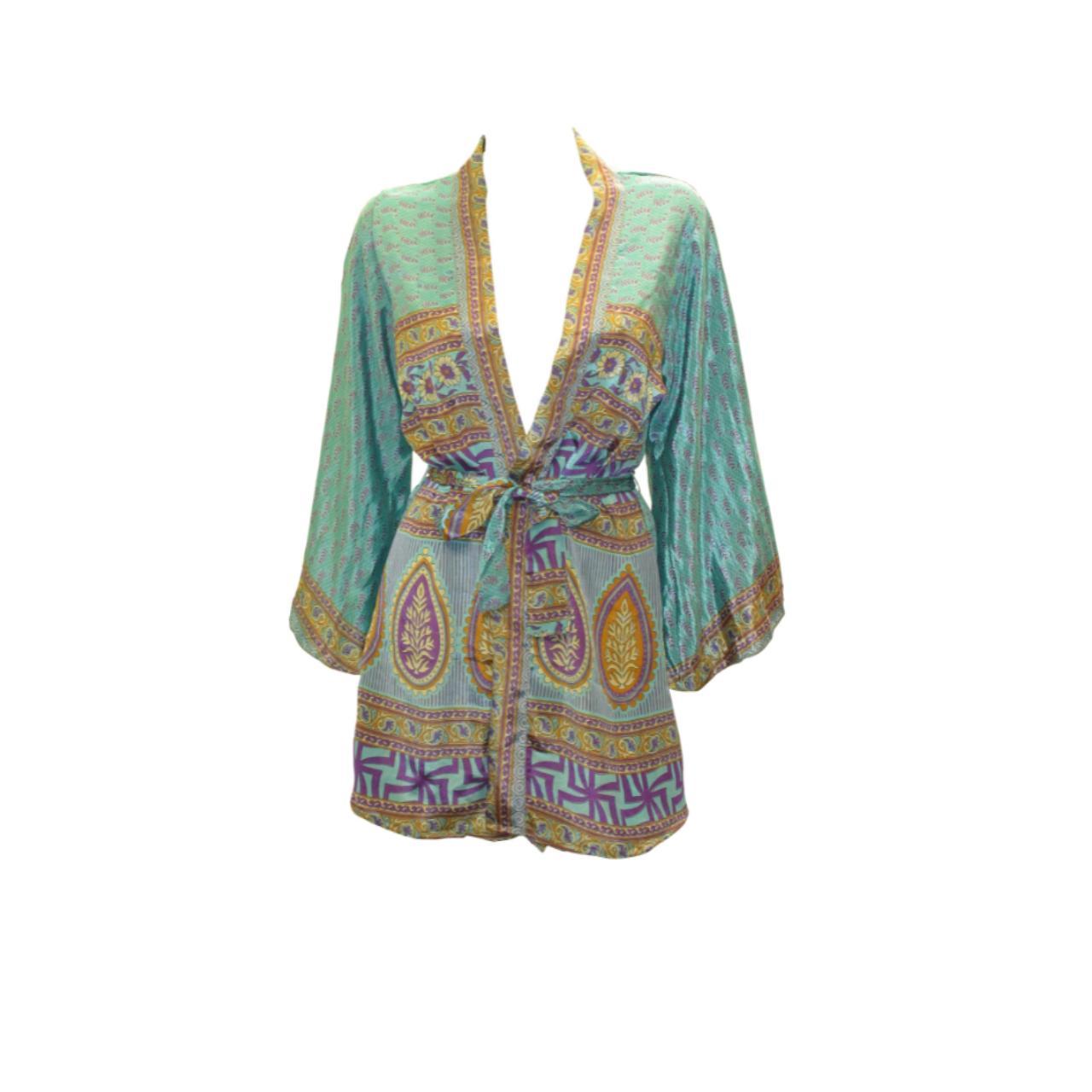 RECYCLED RETRO SARI KIMONO BEACH COVER-UP BOHO MINI ROBE FREE SIZE UP TO 12 P13