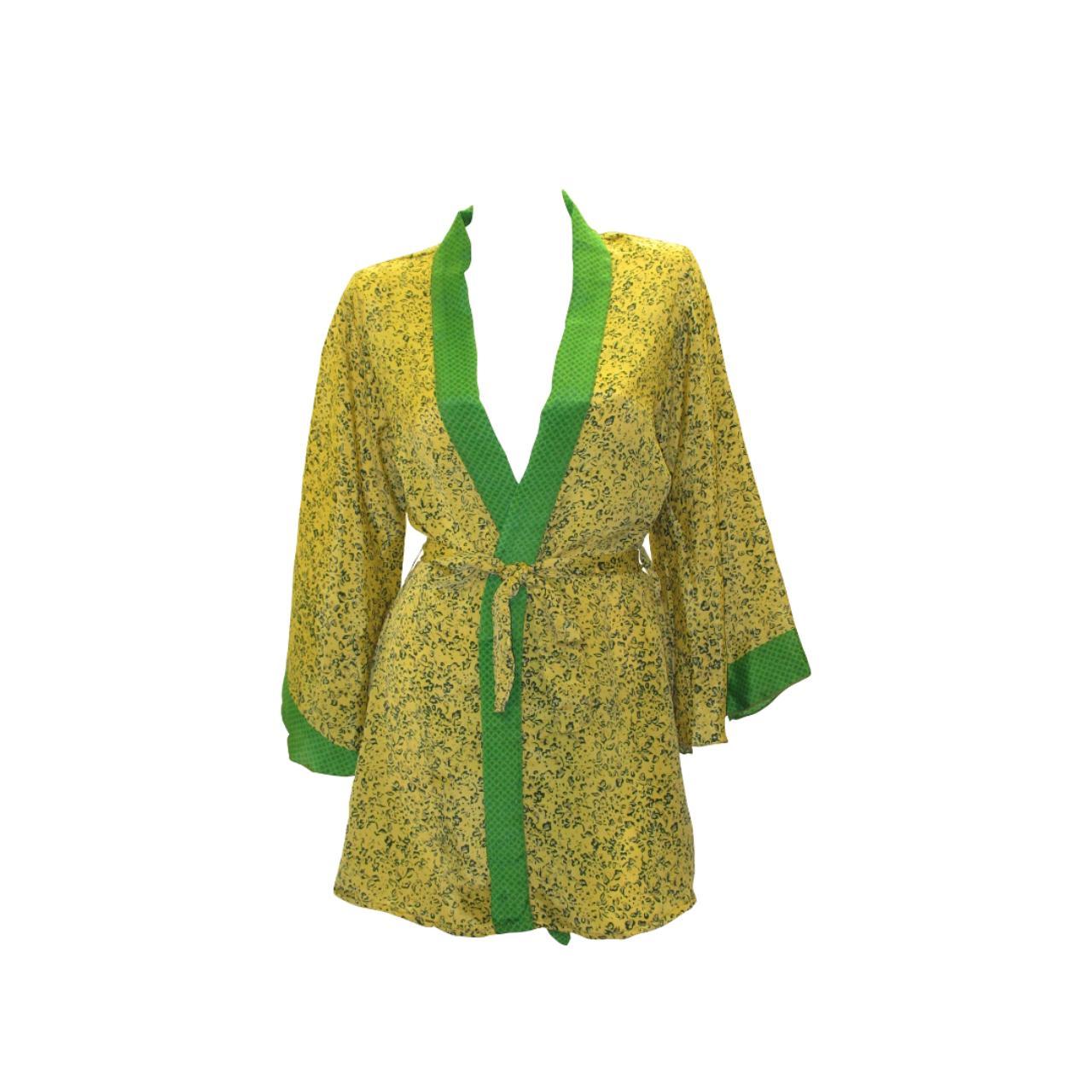 RECYCLED RETRO SARI KIMONO BEACH COVER-UP BOHO MINI ROBE FREE SIZE UP TO 12 P14