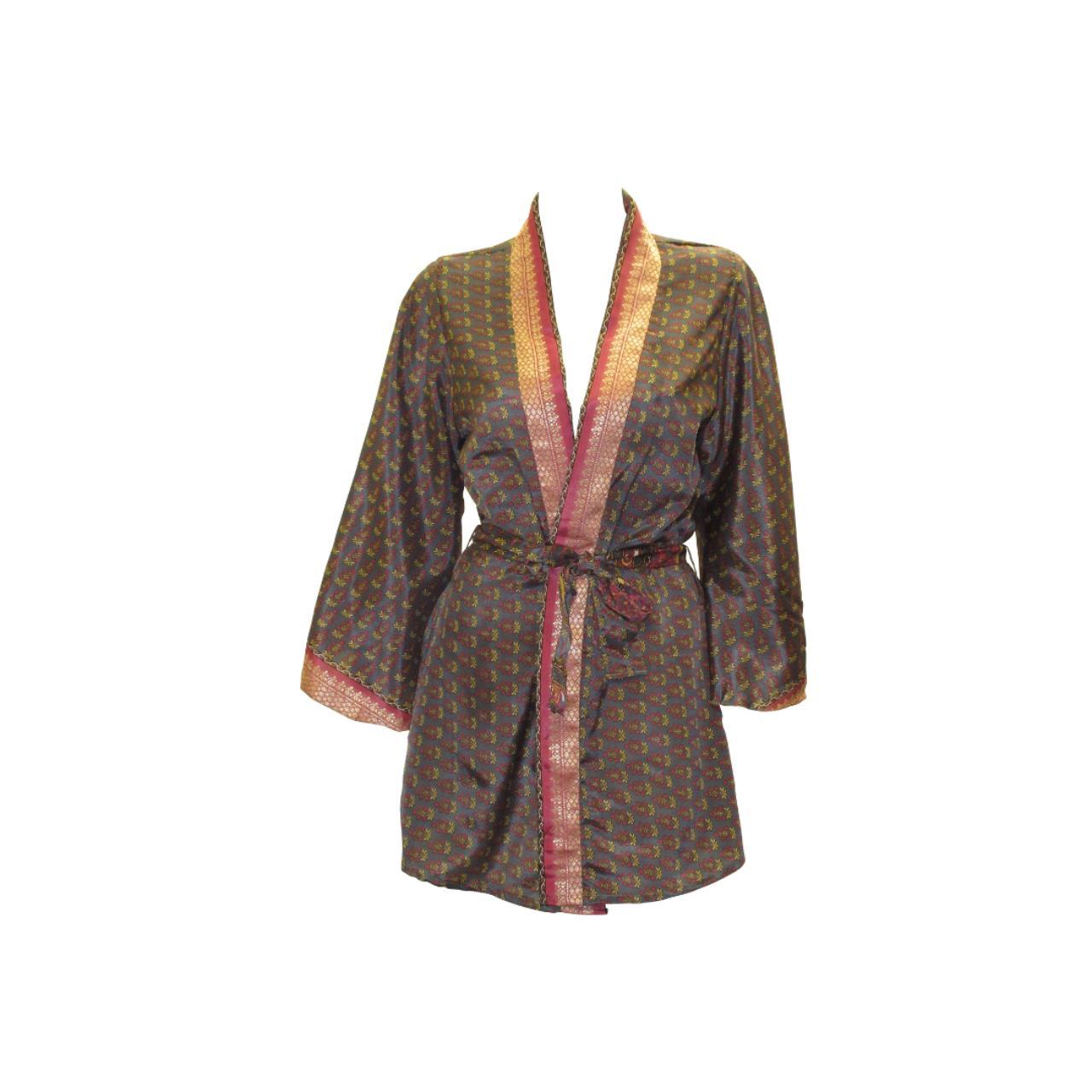 RECYCLED RETRO SARI KIMONO BEACH COVER-UP BOHO MINI ROBE FREE SIZE UP TO 12 P16