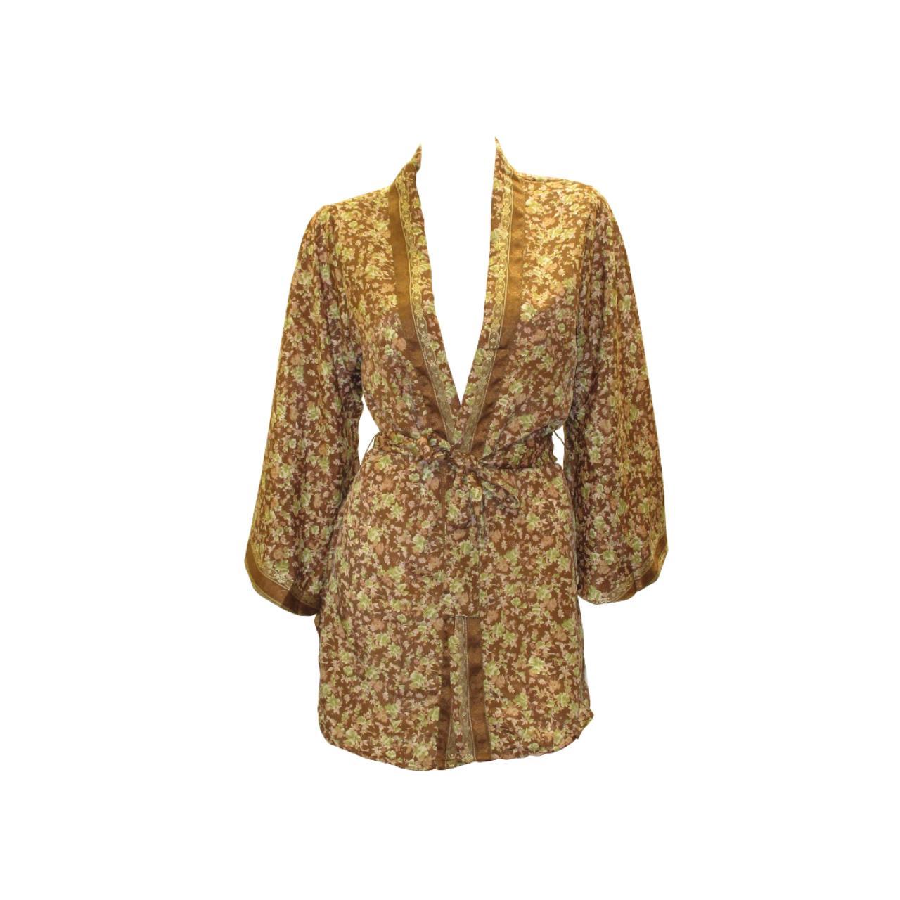 RECYCLED RETRO SARI KIMONO BEACH COVER-UP BOHO MINI ROBE FREE SIZE UP TO 12 P18