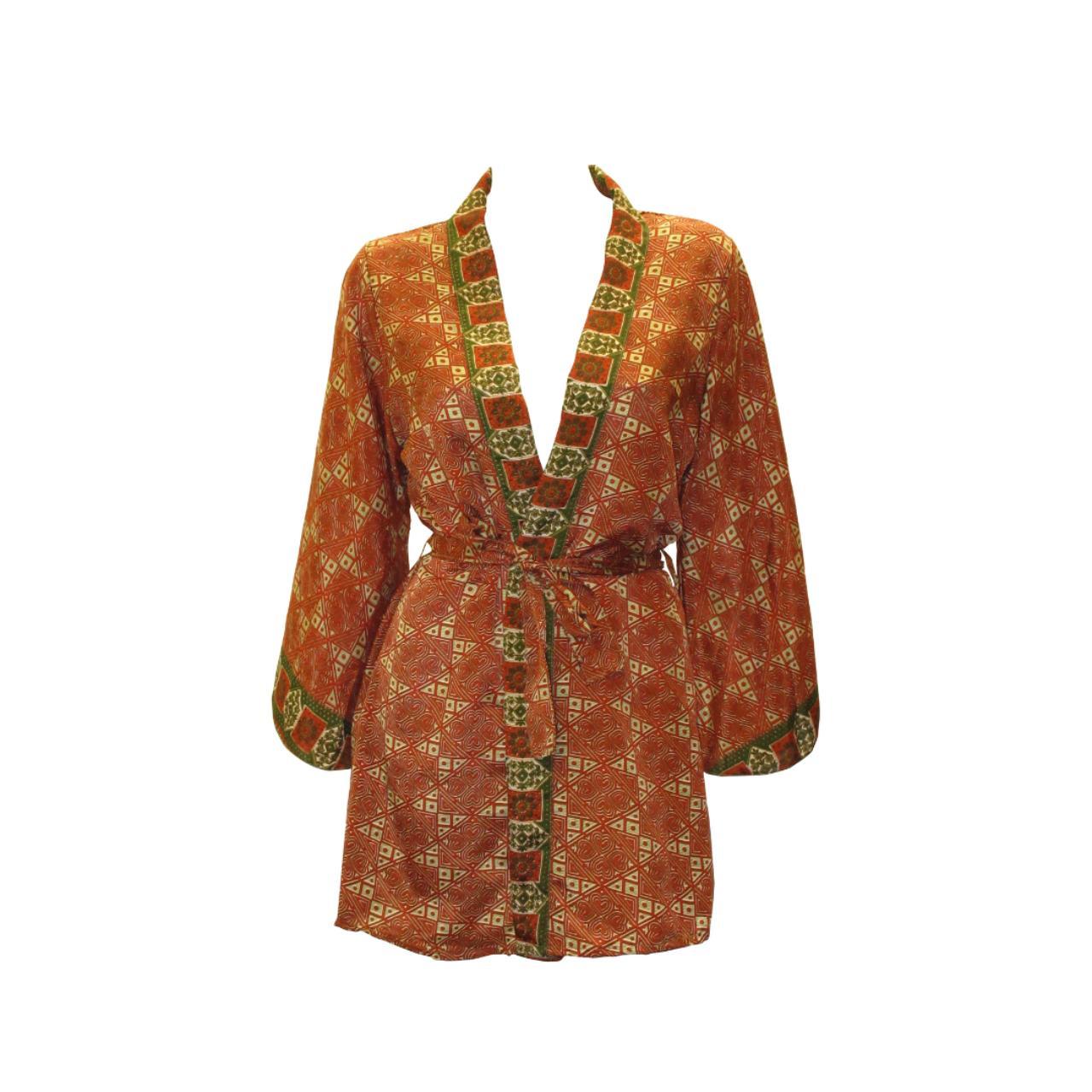 RECYCLED RETRO SARI KIMONO BEACH COVER-UP BOHO MINI ROBE FREE SIZE UP TO 12 P21