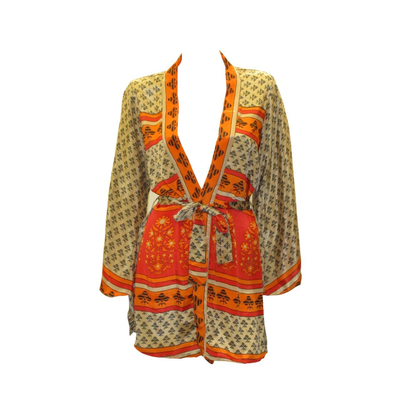 RECYCLED RETRO SARI KIMONO BEACH COVER-UP BOHO MINI ROBE FREE SIZE UP TO 12 P22