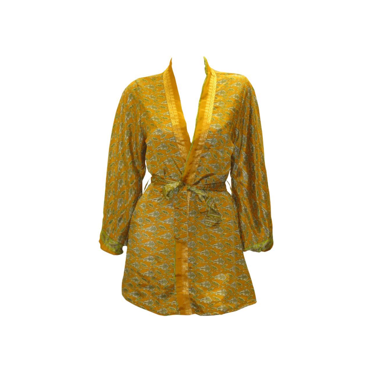 RECYCLED RETRO SARI KIMONO BEACH COVER-UP BOHO MINI ROBE FREE SIZE UP TO 12 P24