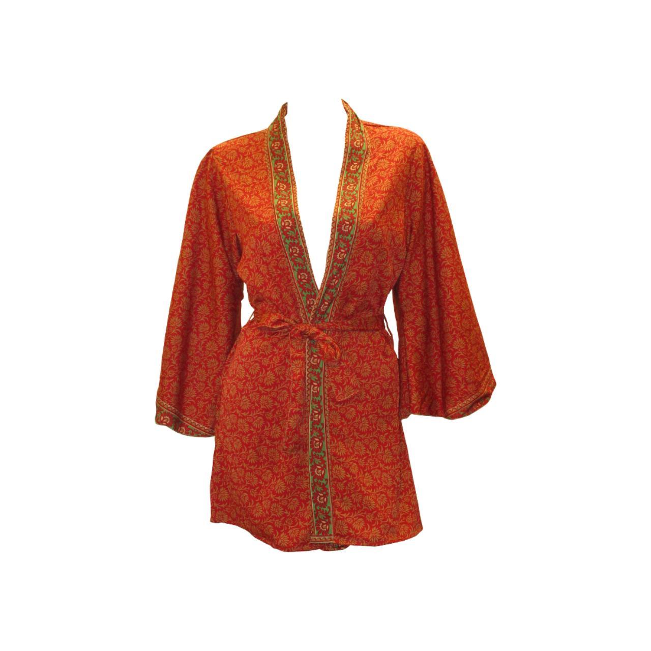 RECYCLED RETRO SARI KIMONO BEACH COVER-UP BOHO MINI ROBE FREE SIZE UP TO 12 P25