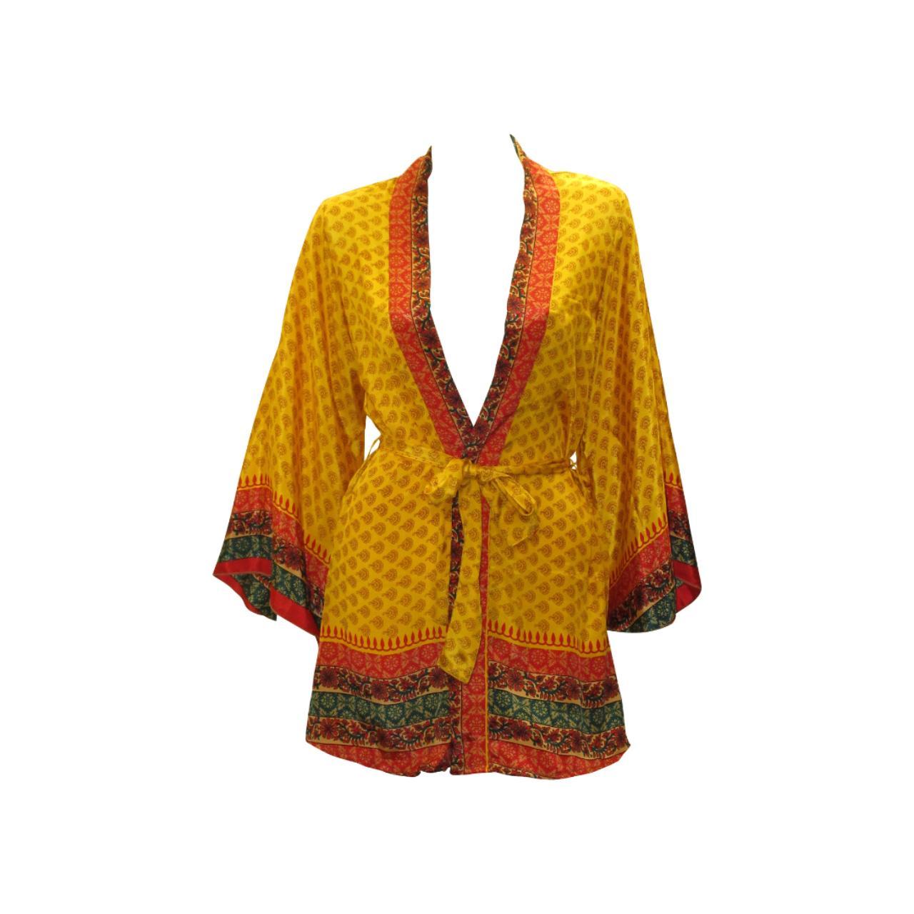 RECYCLED RETRO SARI KIMONO BEACH COVER-UP BOHO MINI ROBE FREE SIZE UP TO 12 P27