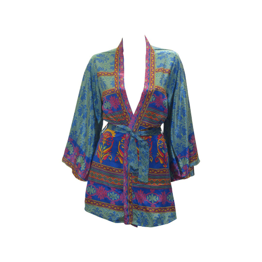 RECYCLED RETRO SARI KIMONO BEACH COVER-UP BOHO MINI ROBE FREE SIZE UP TO 12 P30