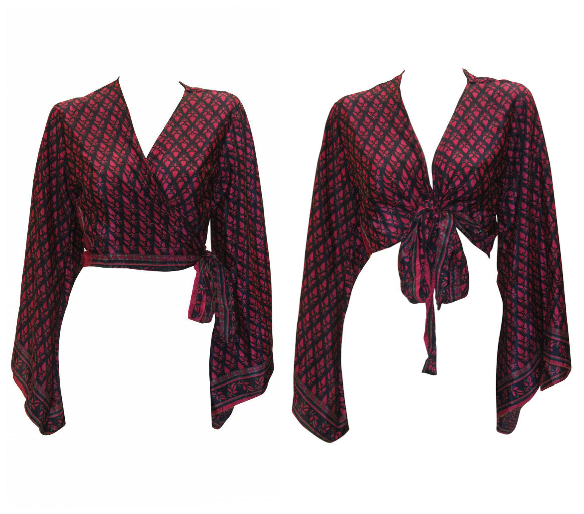 RECYCLED RETRO BELL SLEEVES FRONT KNOT CROP TOP WRAP BLOUSE FREE SIZE UP TO 16 P67