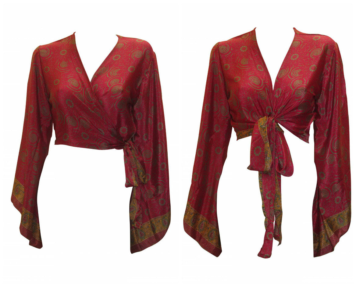 RETRO BELL SLEEVES FRONT KNOT CROP TOP WRAP BLOUSE FREE SIZE UP TO 16 P70