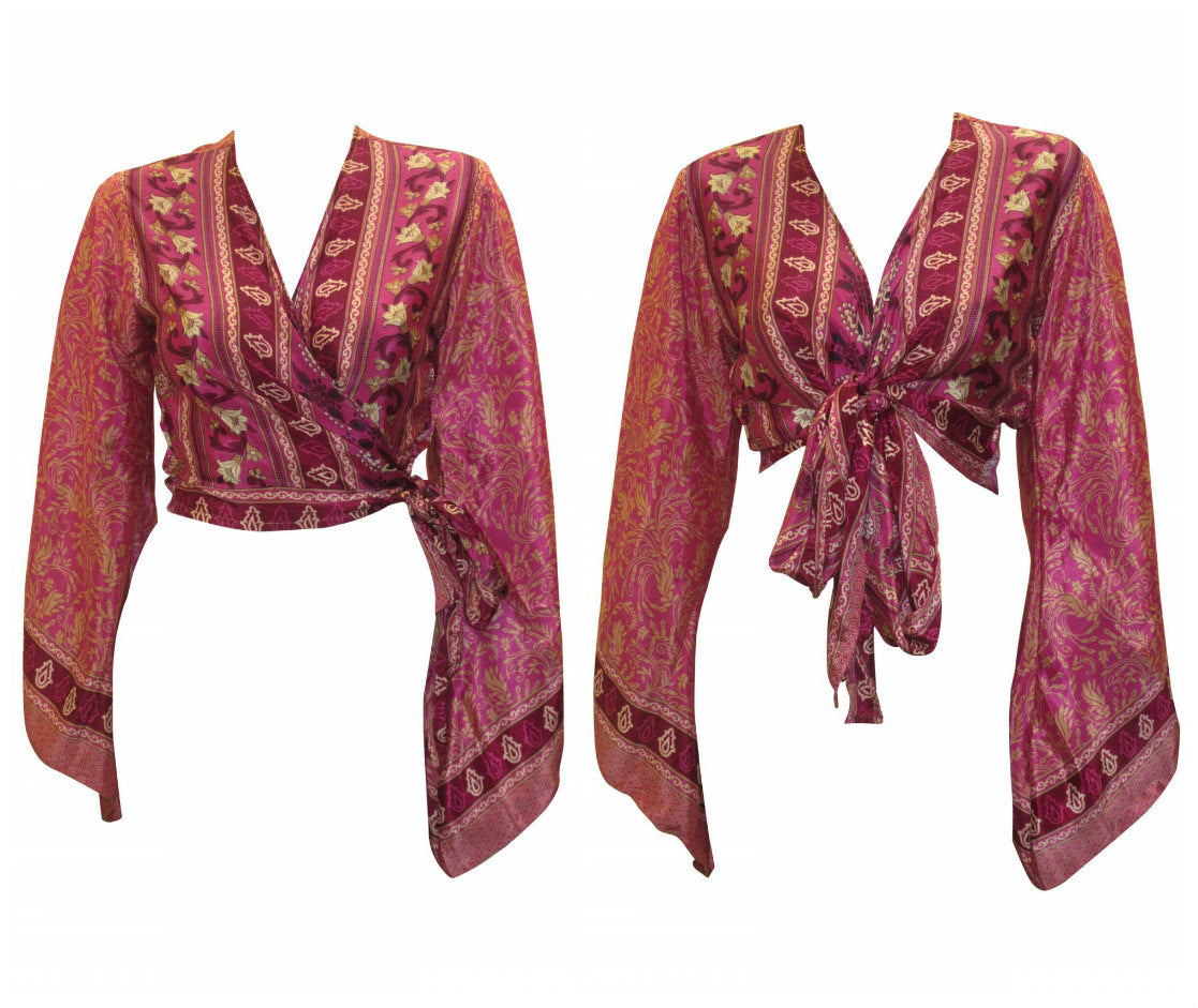 RETRO BELL SLEEVES FRONT KNOT CROP TOP WRAP BLOUSE FREE SIZE UP TO 16 P73