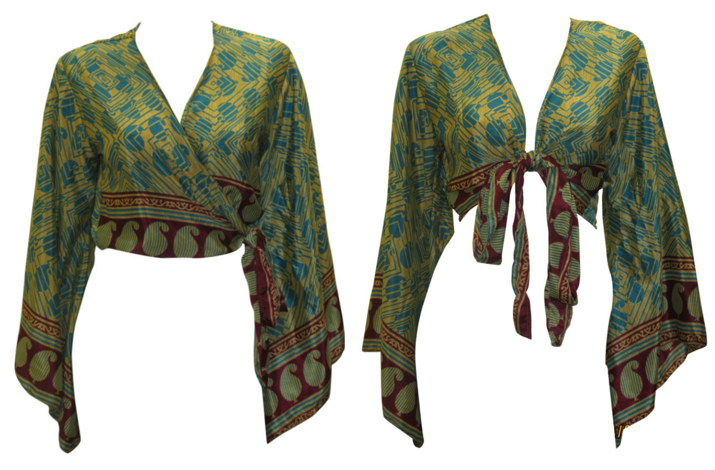 RETRO BELL SLEEVES FRONT KNOT CROP TOP WRAP BLOUSE FREE SIZE UP TO 16 P75