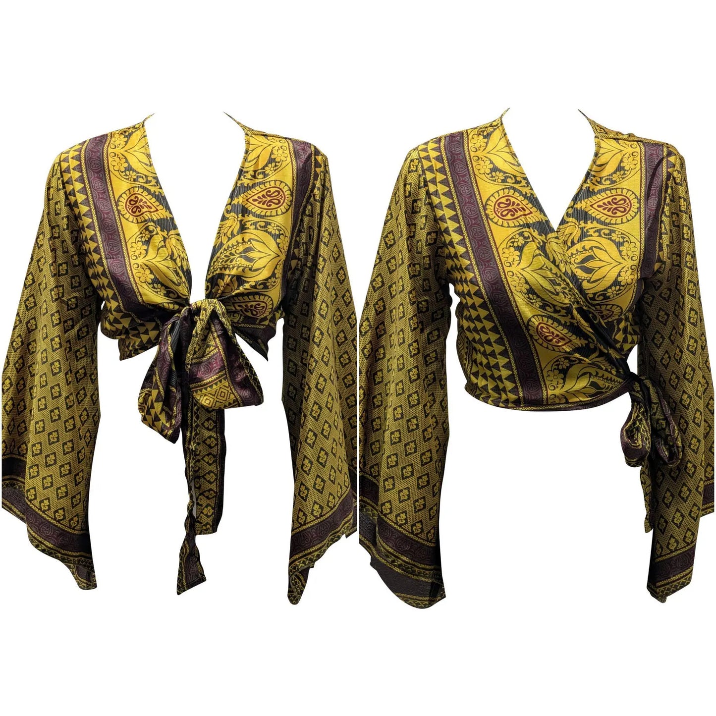 RETRO BELL SLEEVES FRONT KNOT CROP TOP WRAP BLOUSE FREE SIZE UP TO 16 P133