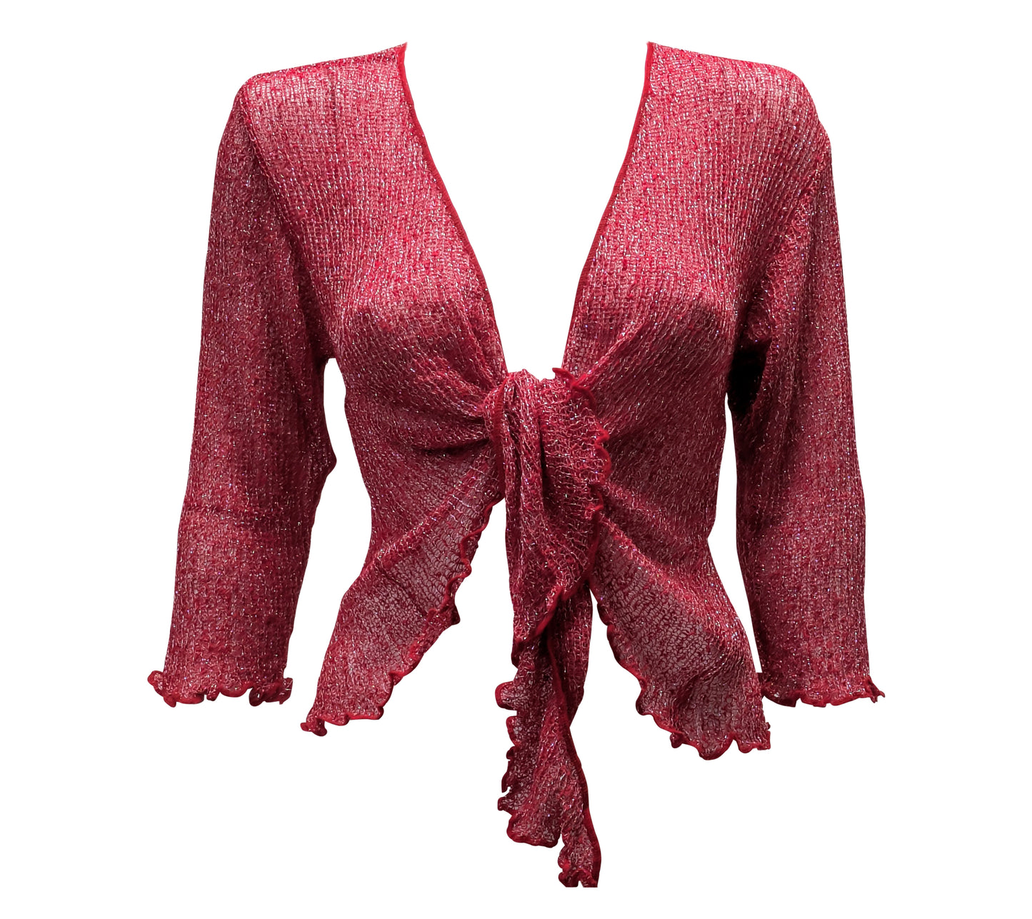 Women's Boho Lurex Knit Shrug Chic Crochet style Cardigan onesize Up To 20 RED & SILVER